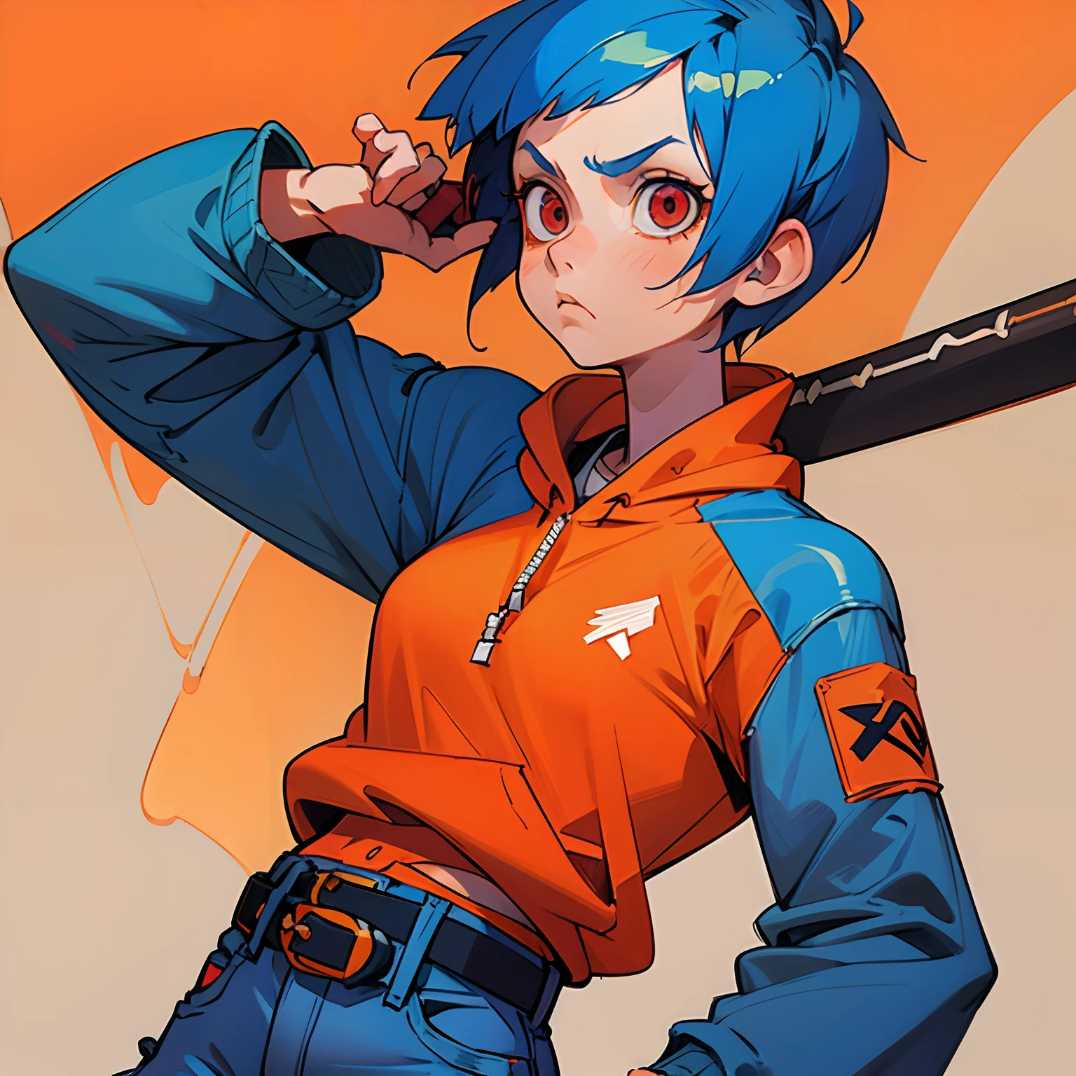 masterpiece, blue hair girl, anime style, ((1 girl)), ((solo)), high quality, slim body, orange hoodie, short hair, sidecut hair, serious face, big red eyes, skirt jeans, red belt, holding a baseball bat, serious look, high detailed, (simple background)