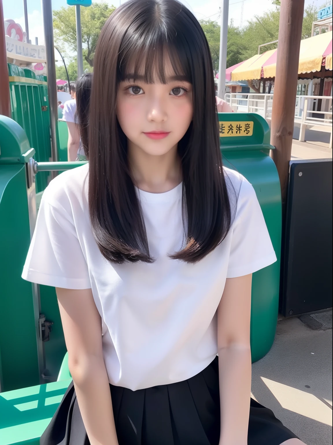 Knees，Pleated miniskirt，white  shirt，A 12-year-old girl，An amusement park，A dark-haired，Medium Bomb，Shy