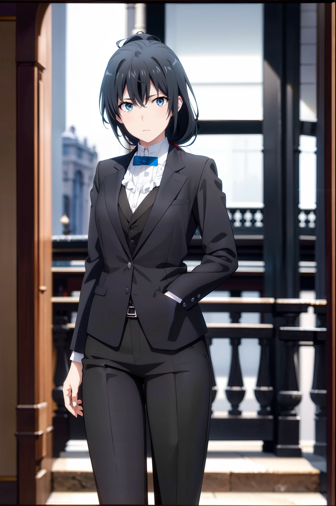 Woman, pale skin, blue eyes, detailed beautiful blue eyes, beautiful and attractive body black hair with bangs in a ponytail, black hair with bangs, black suit, riding a black horse, black riding boots, 1913, london in 1913, england 1913, woman in suit, black suit without blazer, black pants, white blouse, black suspenders,