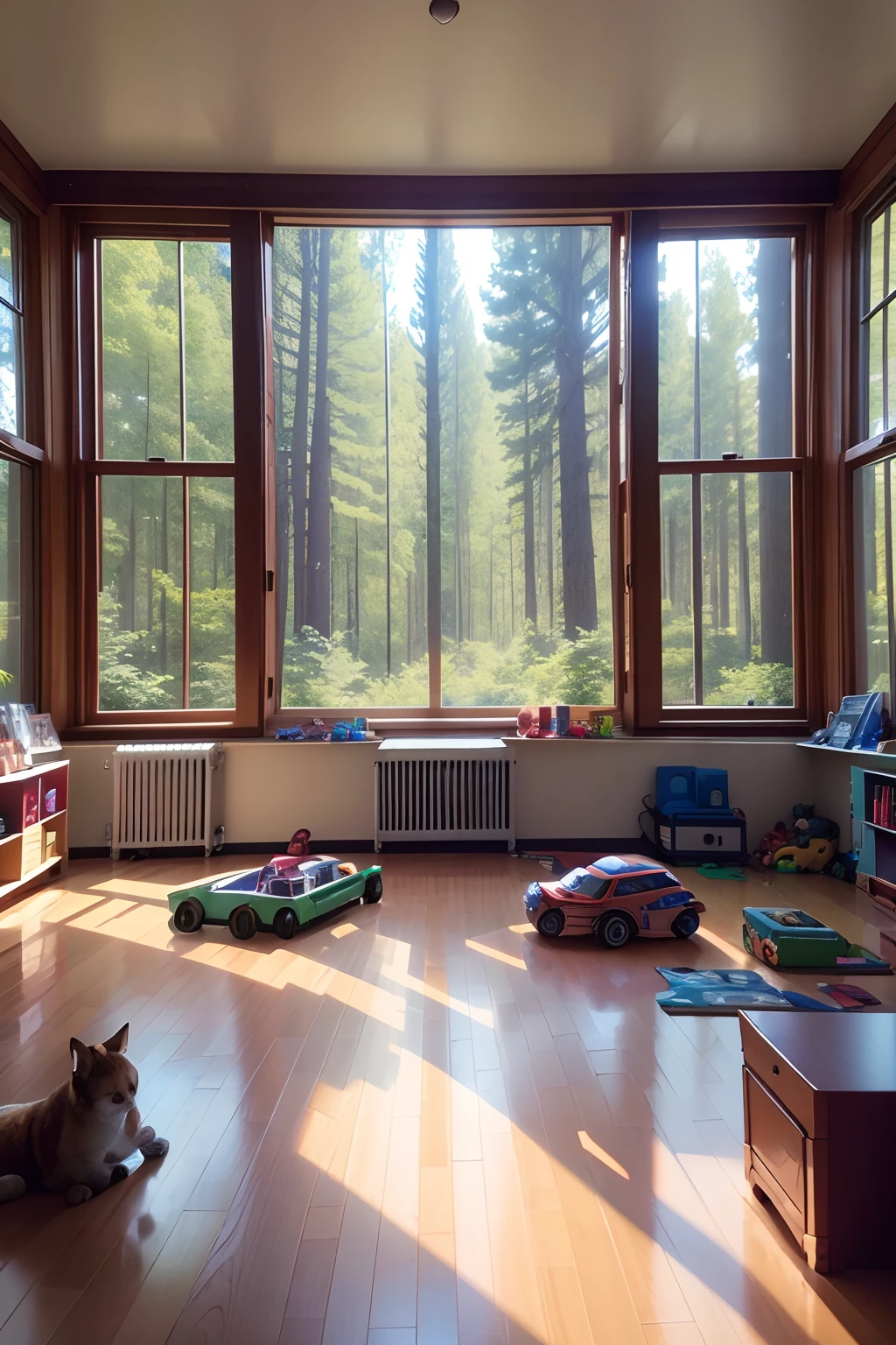 Symmetrical image with window centered in the middle of the larger image that takes up almost the entire frame, in a room full of toys on the floor, Lots of toys on the floor, with a forest full of big trees and beautiful fantasy animals,
