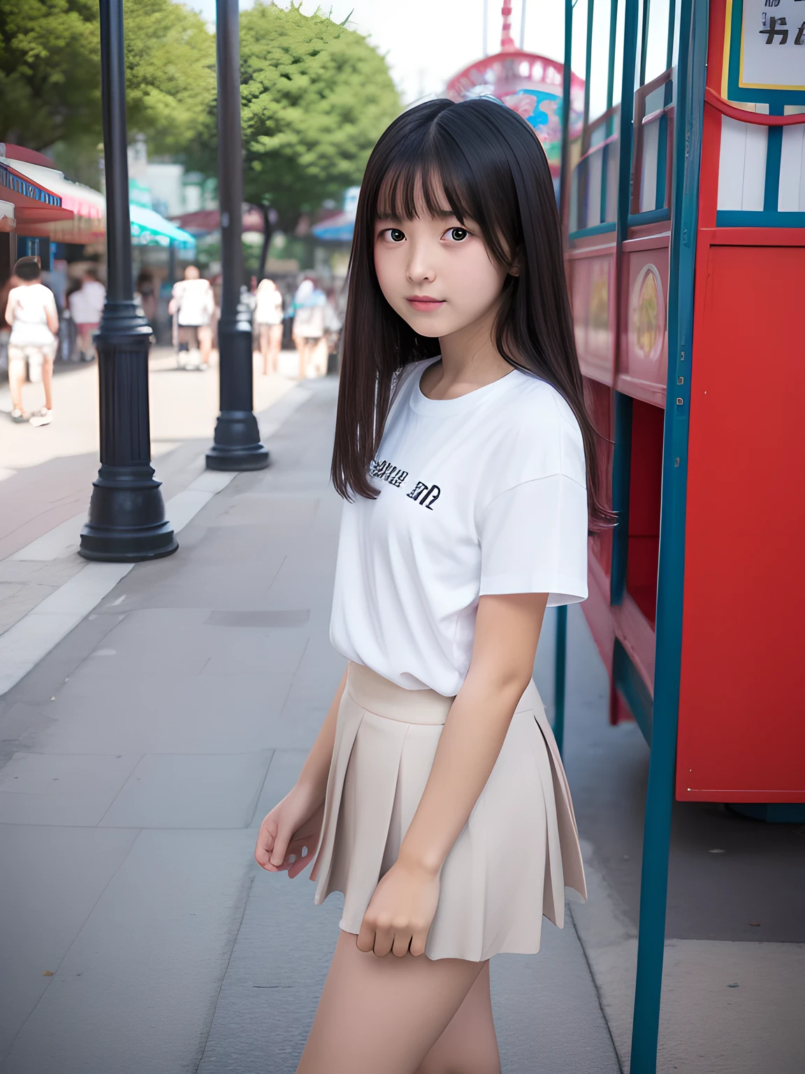 Knees,Pleated miniskirt,white shirt,A 12-year-old girl,An amusement park,A dark-haired,Medium Bomb,Shy