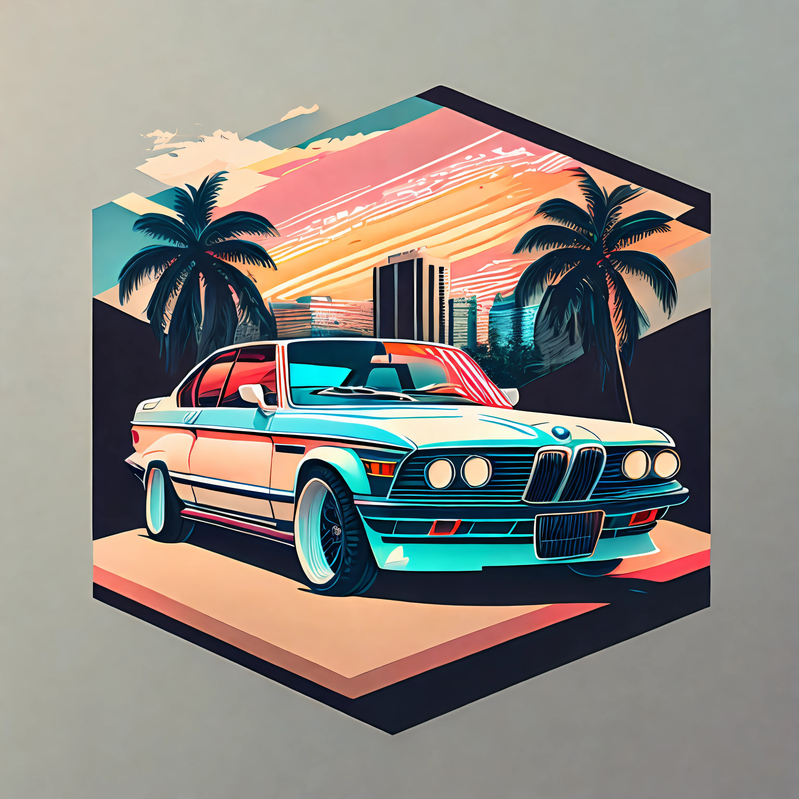 Artwork for t-shirt graphic design, a retro graphic design, 2023 BMW, miami street, soft four color color, vintage pastel tone, highly detailed clean, vector image, realistic masterpiece, professional photography, realistic car, simple car sunrise background, flat black background, isometric, vibrant vector