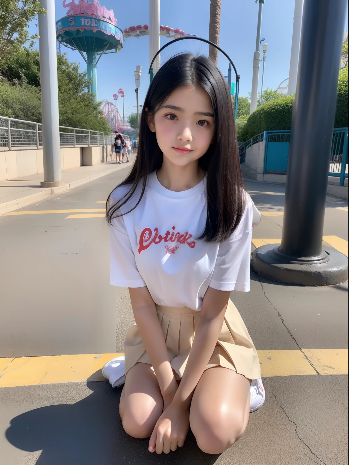 Knees,Pleated miniskirt,white shirt,A -yeld giAn amusement park,A dark-haired,Medium Bomb,Shy