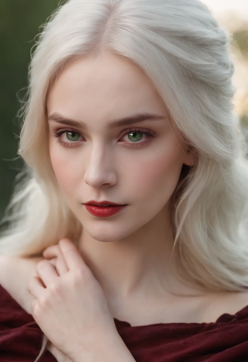 (((a deep reddish wound crosses her left cheek))) fair complexion, woman around 19 years old, natural white hair, distinctive green eyes, wearing kohl, slender and graceful, beautiful, candlelight in a medieval setting, ultra sharp focus, realistic shot, medieval female clothes, tetradic colors (scar:1.4)