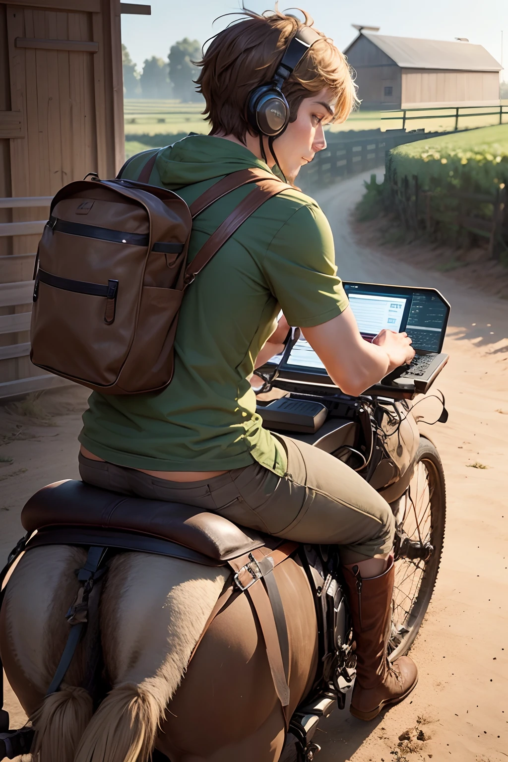 image a programmer write a code while riding donkey in farm