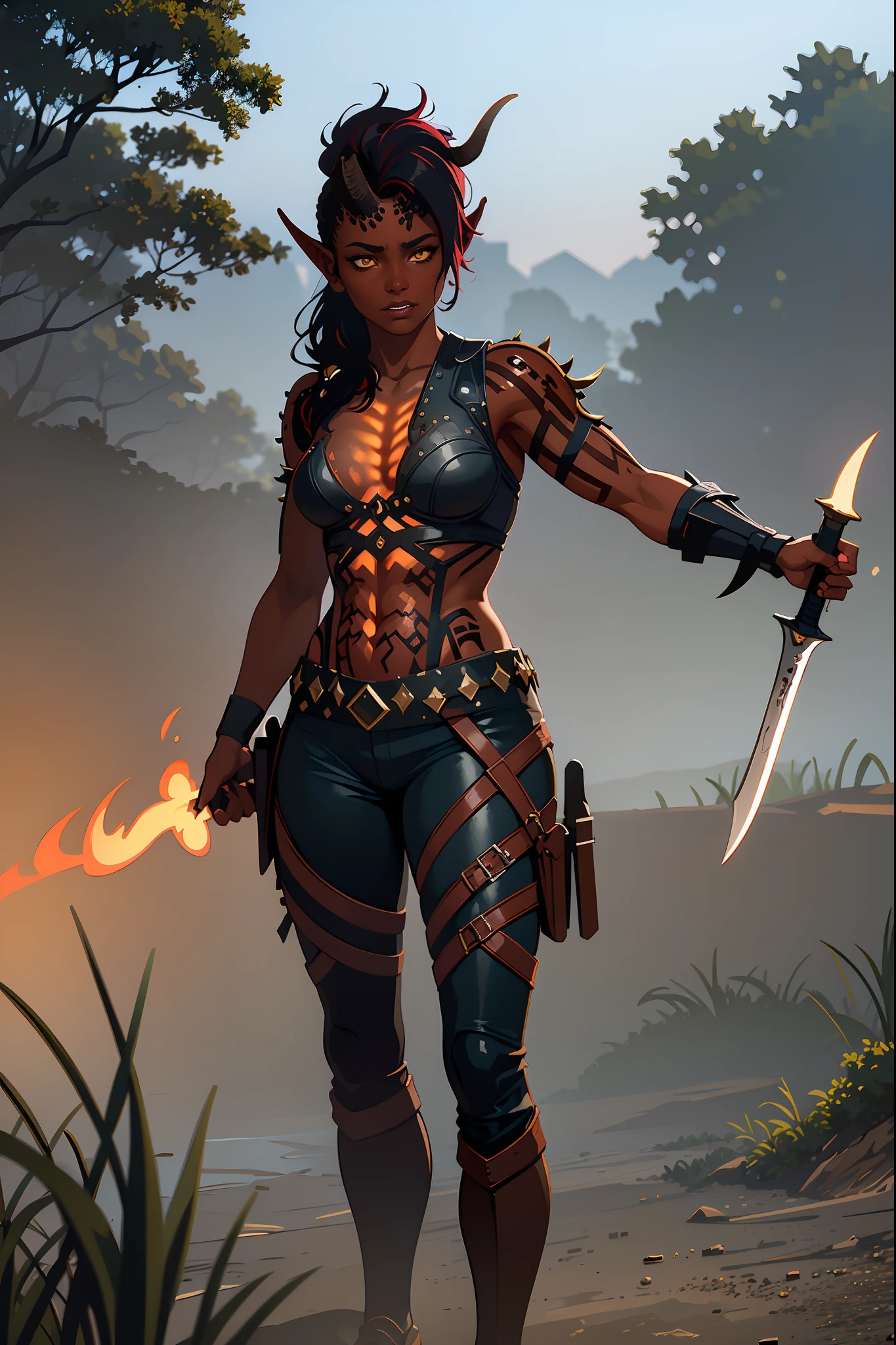 (masterpiece, best quality), outdoors, dark misty burning village, cowboy shot, 1girl, solo, Karlach, demon girl, colored skin, red skin, dark skin, full body, armor, armored pants, holding axe,