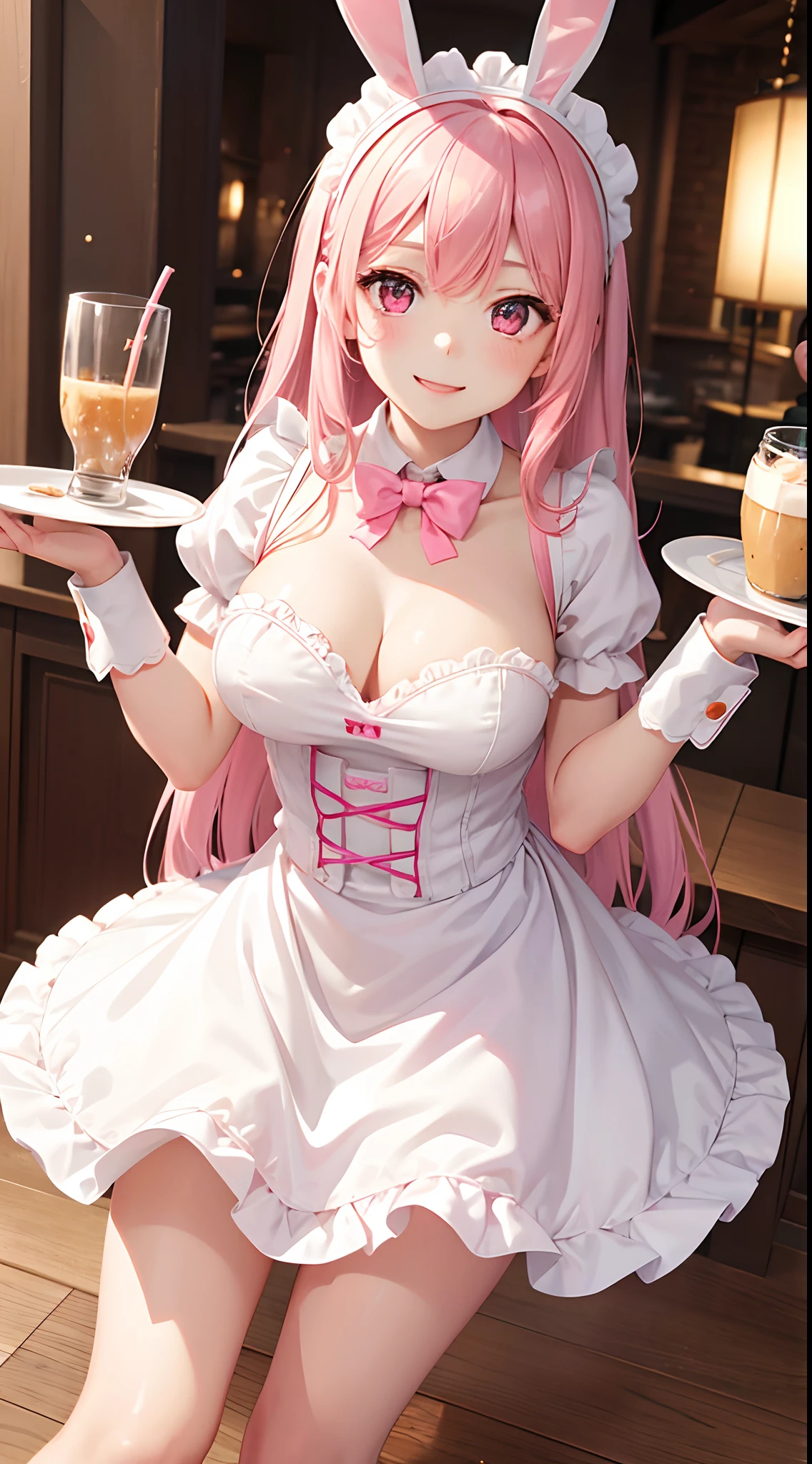 1 girl, maid outfit, cafe, look closer,long pink hair, pink colour eyes, smiling, cute reaction, beautiful, pale skin, perfect body figure, A size cup breast 1:3, cute , bunny ears