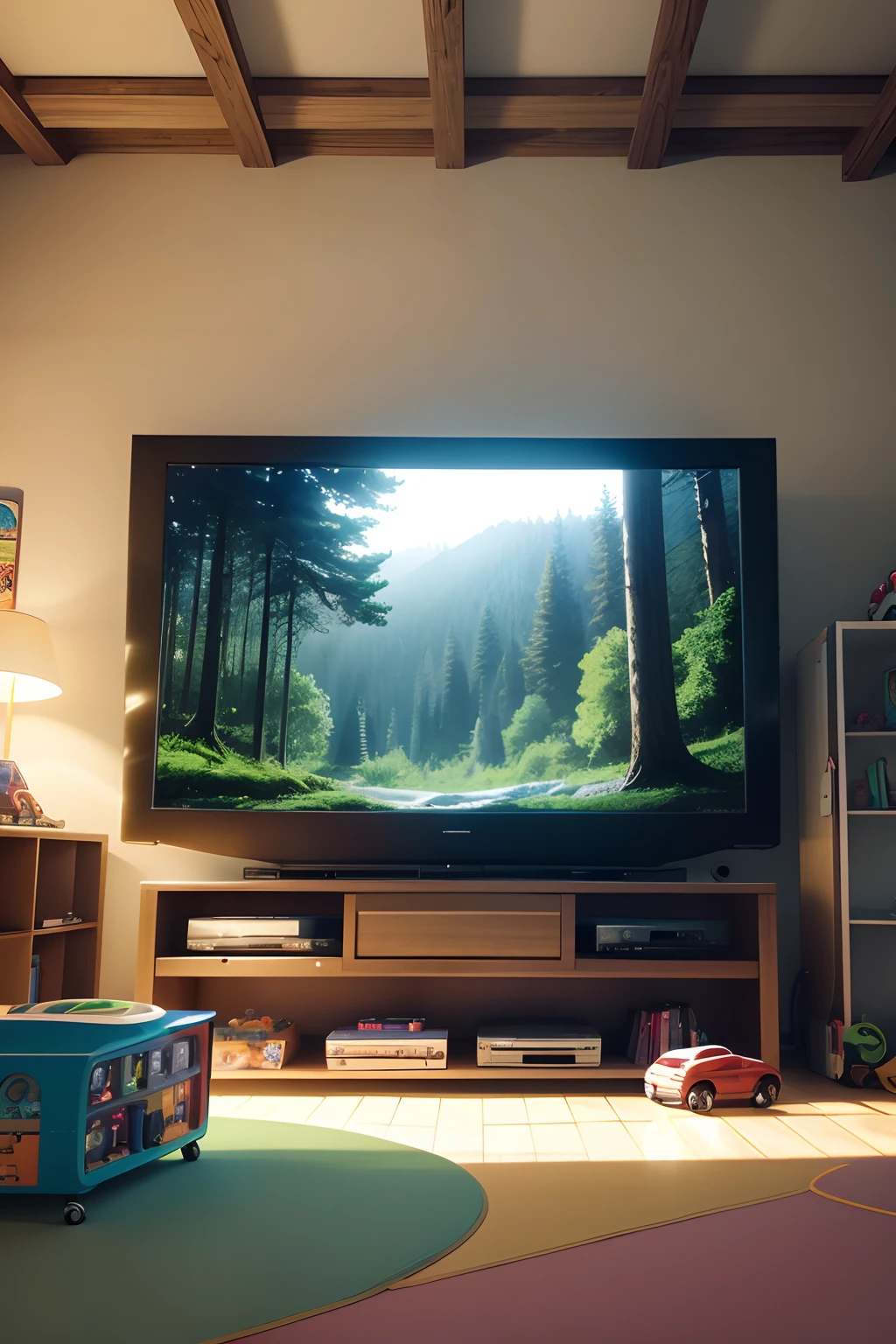 Symmetrical image with television centered in the middle of the larger image that takes up almost the entire frame, in a room full of toys on the floor, large television, large television, large television, large television, Lots of toys on the floor, com uma janela, with a forest full of big trees and beautiful fantasy animals,