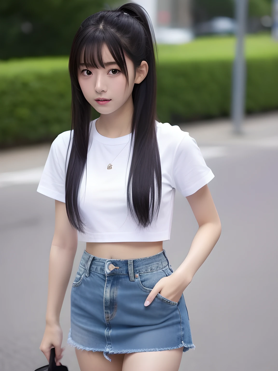 Knees，小柄，Short stature，small tits，Denim skirt，White crop top look，年轻，teens girl，A dark-haired，Twin-tailed，uneasy