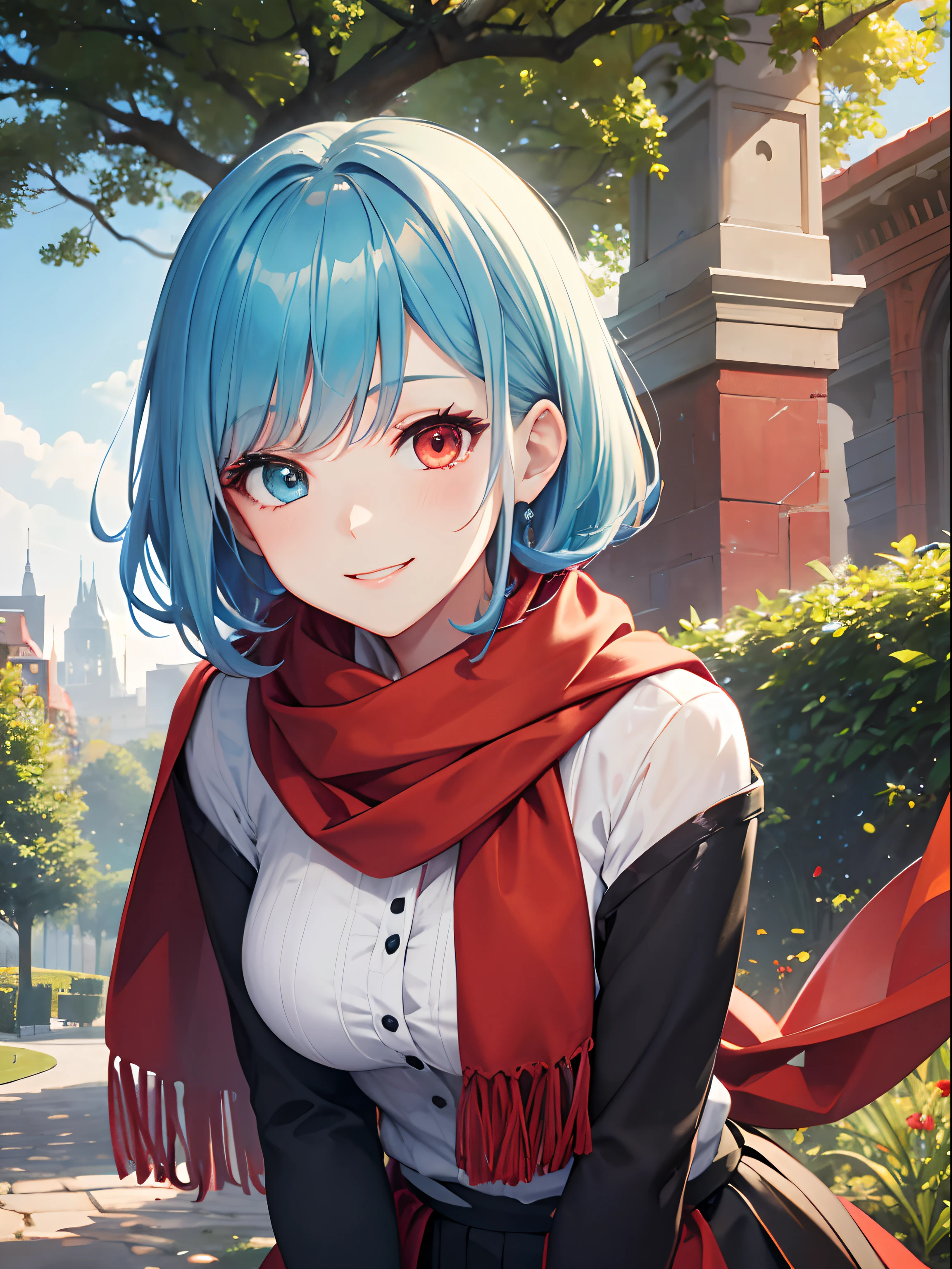 Close up, garden, park, greenery, woman, smiling, happy expression, light blue hair, Heterochromia, red and orange eyes, red scarf, black skirt