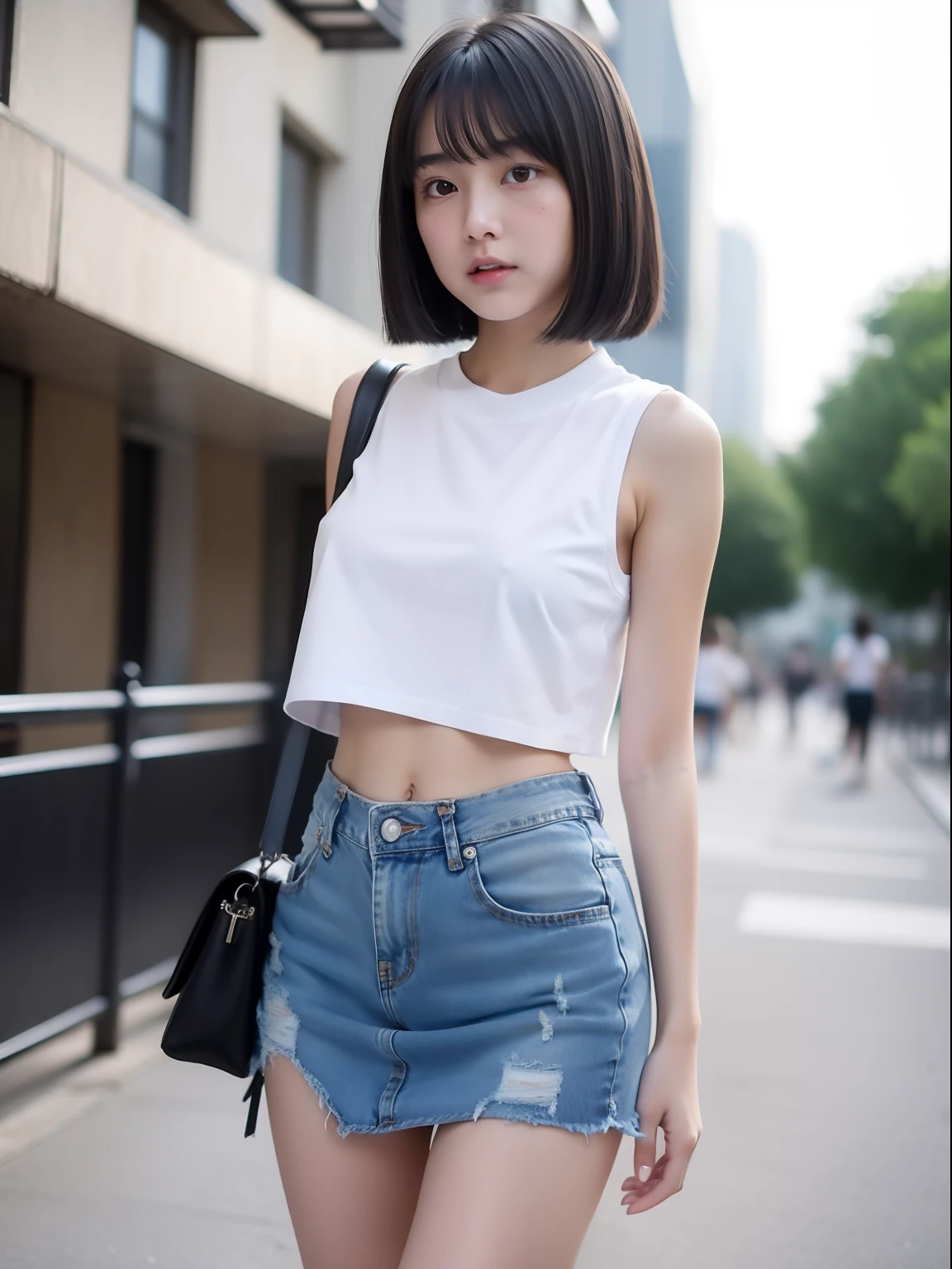 Knees,小柄,Short stature,small tits,Denim skirt,White crop top look,年轻,s girl,A dark-haired,Twin-tailed,uneasy