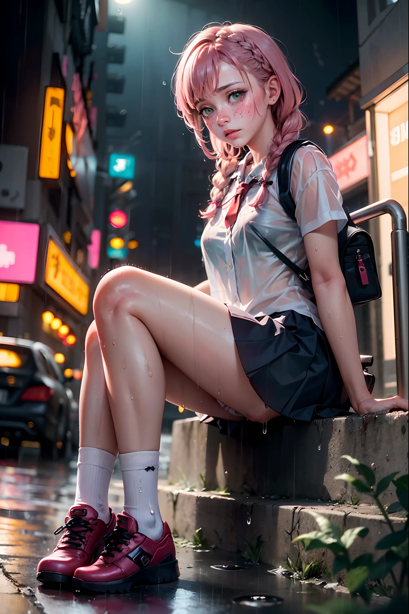 (((realistic))) photo, (full body), masterpiece, highest quality, high detail, (cinematic light:1.1), solo focus, sfw, 1girl, (sorrow, cry), (((schoolgirl, sit on stairs in the rain))), (crying:0.5), (small breasts:1.1), (short:1.0), school uniform, (see through white frilly shirt:1.15), wet, (heavy_rain:1.6), shy, embrassed, (panty stretched:1.29), little school backpack, (pink hair:1.15), (2 side braid hair:1.3), (cyberpunk city sidewalk, cyberpunk cities background:1.31), (neon lights), detailed lighting, depth of field,