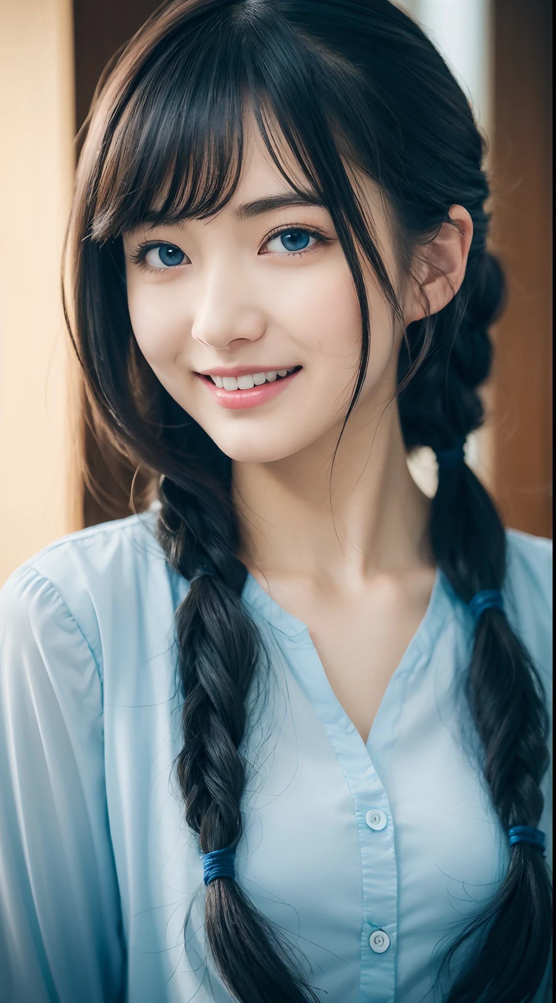 (Masterpiece), (Best quality), (Ultra detailed),(Disheveled hair),(illustration), (1girll), standing, Smiling, Beautiful detailed eyes, Light blue eyes, Detailed beautiful face, (Kamiasto ayaka: 1.2), focus onface,  pony tails, Kamiasto ayaka(Genshin Impact), Light blue hair, detailed hairs, bangs, BEST lighting, Best shadow, Highly detailed, vibrant