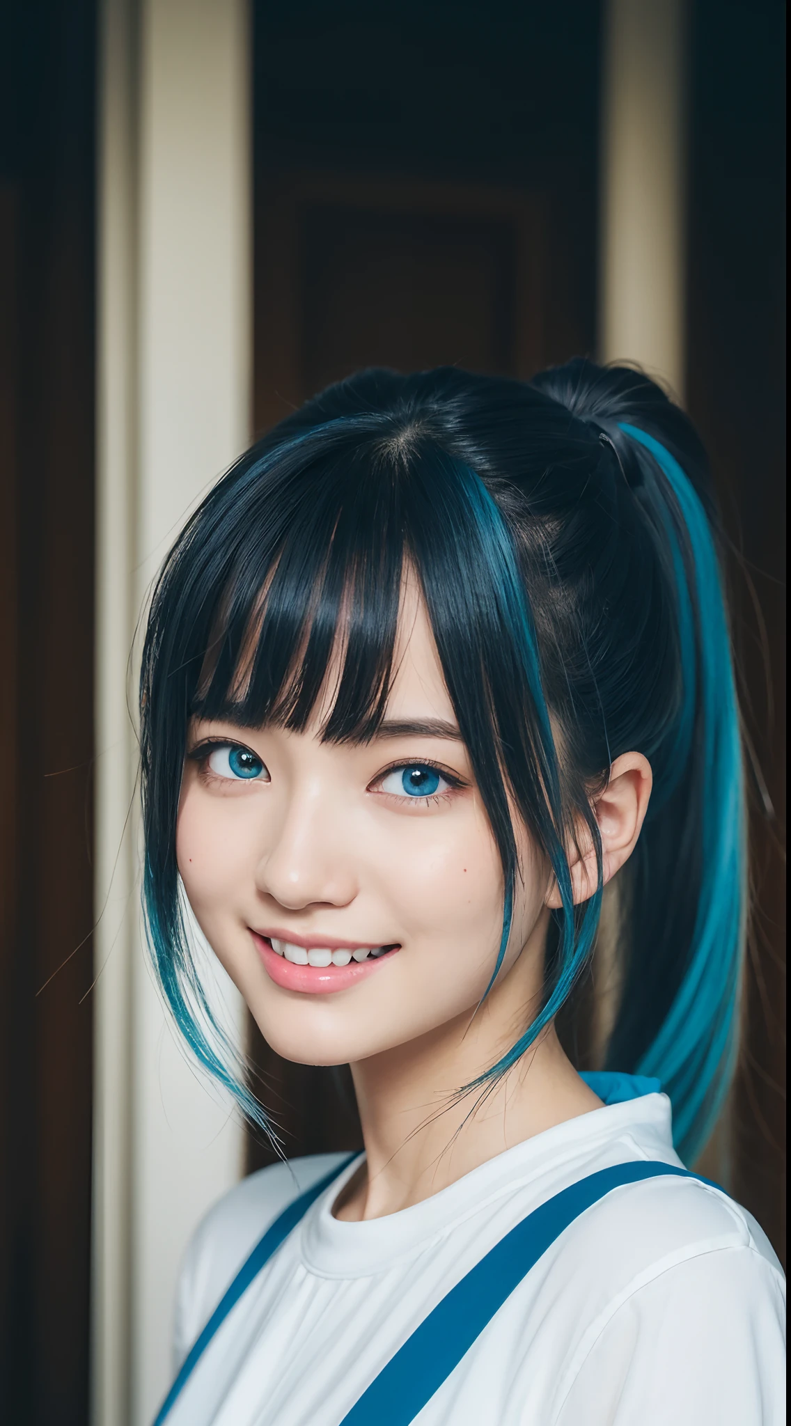 (Masterpiece), (Best quality), (Ultra detailed),(Disheveled hair),(illustration), (1girll), standing, Smiling, Beautiful detailed eyes, Light blue eyes, Detailed beautiful face, (Kamiasto ayaka: 1.2), focus onface, pony tails, Kamiasto ayaka(Genshin Impact), Light blue hair, detailed hairs, bangs, BEST lighting, Best shadow, Highly detailed, vibrant