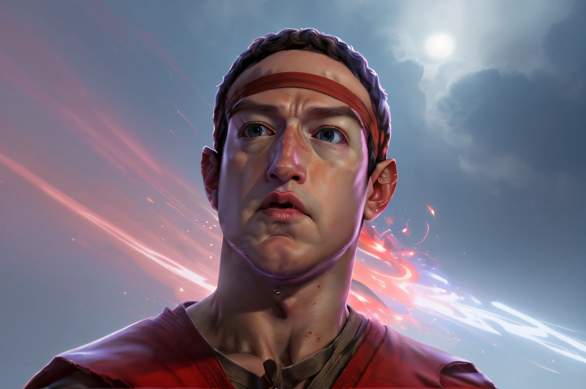 **Mark Zuckerberg Face arte de Ryu de Street Fighter apresenta raiva, Um rosto altamente detalhado, headband red, Um ambiente extremamente detalhado, um pano de fundo detalhado, cores extremas, Professional Color Grading, edge lighting, fire, e caos, Ryu**