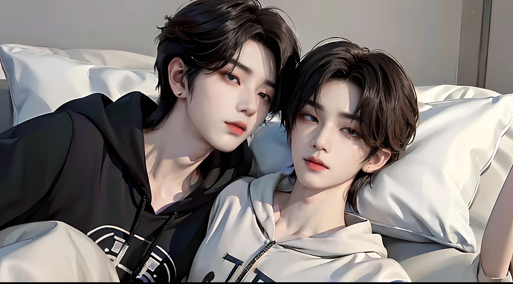 ((4K works))、​masterpiece、（top-quality)、((high-level image quality))、((One Manly Boy))、Slim body、((Stylish black hoodie))、(Detailed beautiful eyes)、Stylish bedroom、Selfie with head resting on futon pillow、Face similar to Chaewon in Ruseraphim、((short hair above the ears))、((Smaller face))、((Neutral face))、((Light brown eyes))、((Korean boy))、((18year old))、((Handsome man))、((Wild look))、((Korean Makeup))、((elongated and sharp eyes))、((Take a selfie lying on a futon with your head on a pillow))、((Selfie from the side))、((Only the upper part of the body is visible))、((He sleeps next to the viewer))、(((selfee)))