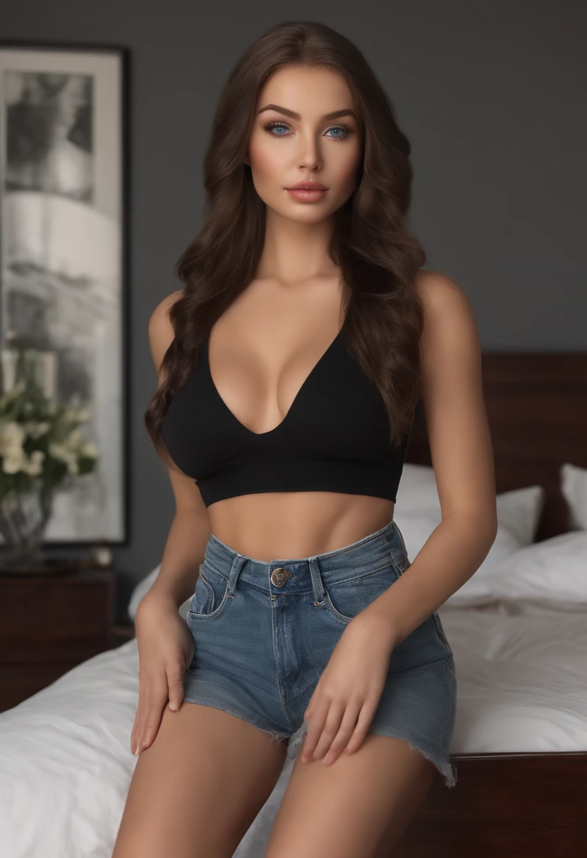 arafed woman fully , sexy girl with blue eyes, ultra realistic, meticulously detailed, portrait sophie mudd, blonde hair and large eyes, selfie of a young woman, bedroom eyes, violet myers, without makeup, natural makeup, looking directly at the camera, face with artgram, subtle makeup, stunning full body shot kneeling on bed, in bedroom, medium to large size bust