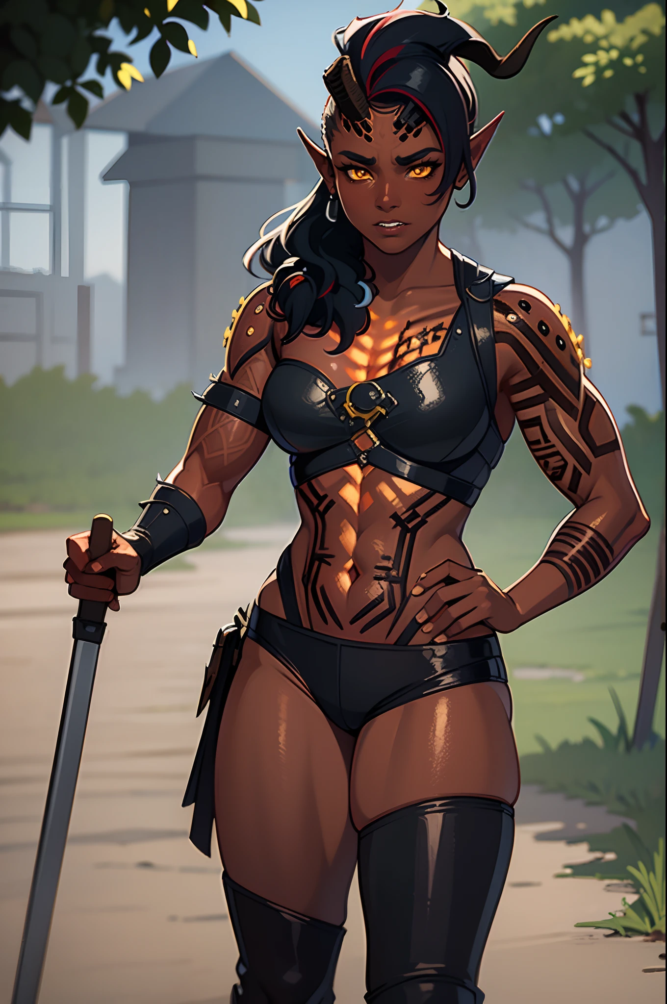 (masterpiece, best quality), outdoors, dark misty burning village, cowboy shot, 1girl, solo, Karlach, demon girl, colored skin, red skin, dark skin, full body, armor, armored pants, holding axe,