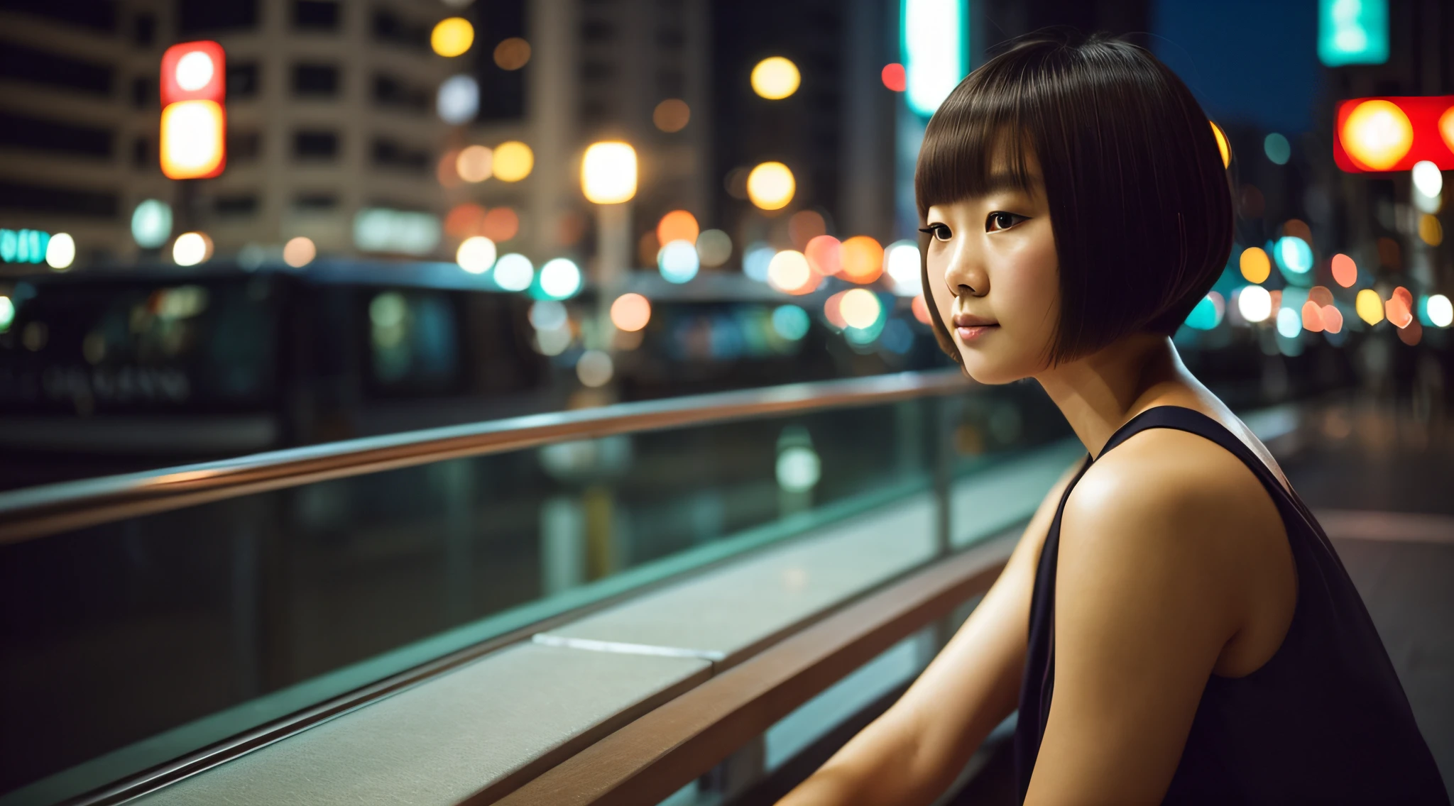 Rolleiflex photo, Portra 800 film, low saturation, full body shot, a pretty japanese woman with [french bob cut] hairstyle, sitting by the hotel window, bokeh, night time, [shibuya] in the background, realistic skin texture, imperfect details, film grain, pensive stillness, film photography