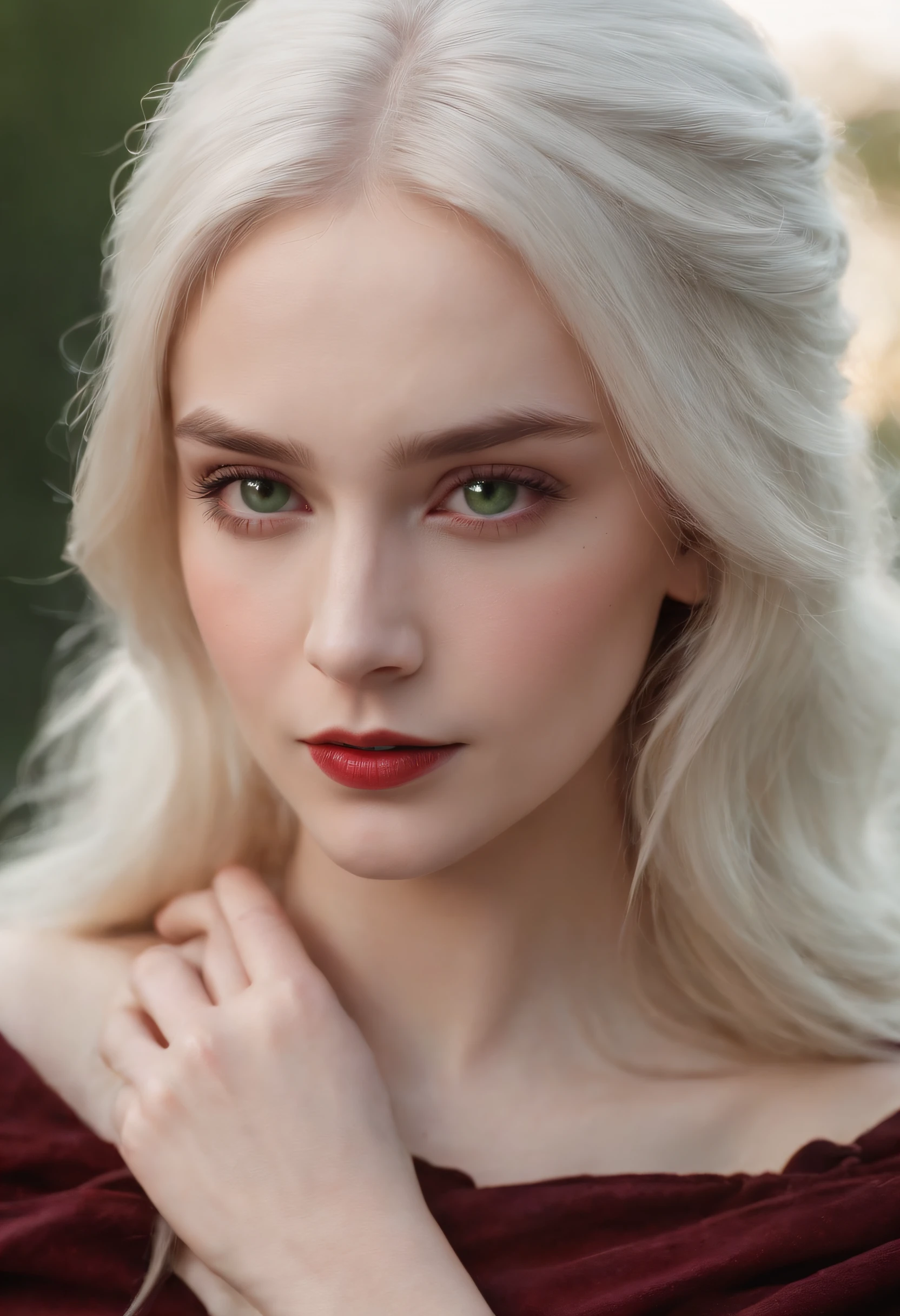 (((a deep reddish wound crosses her left cheek))) fair complexion, woman around 19 years old, natural white hair, distinctive green eyes, wearing kohl, slender and graceful, beautiful, candlelight in a medieval setting, ultra sharp focus, realistic shot, medieval female clothes, tetradic colors (scar:1.4)