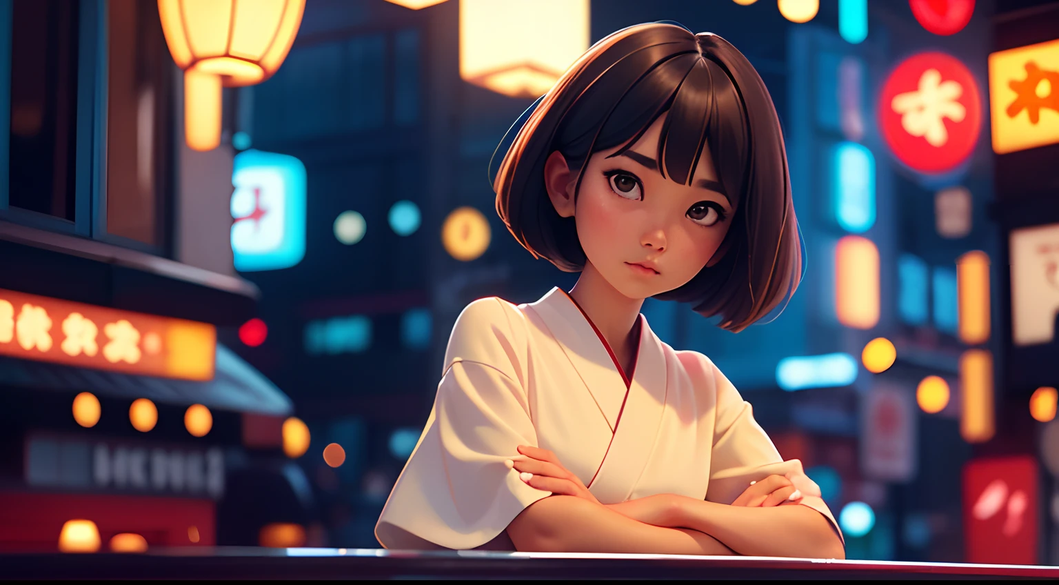 Rolleiflex photo, Portra 800 film, low saturation, full body shot, a pretty japanese woman with [french bob cut] hairstyle, sitting by the hotel window, bokeh, night time, [shibuya] in the background, realistic skin texture, imperfect details, film grain, pensive stillness, film photography