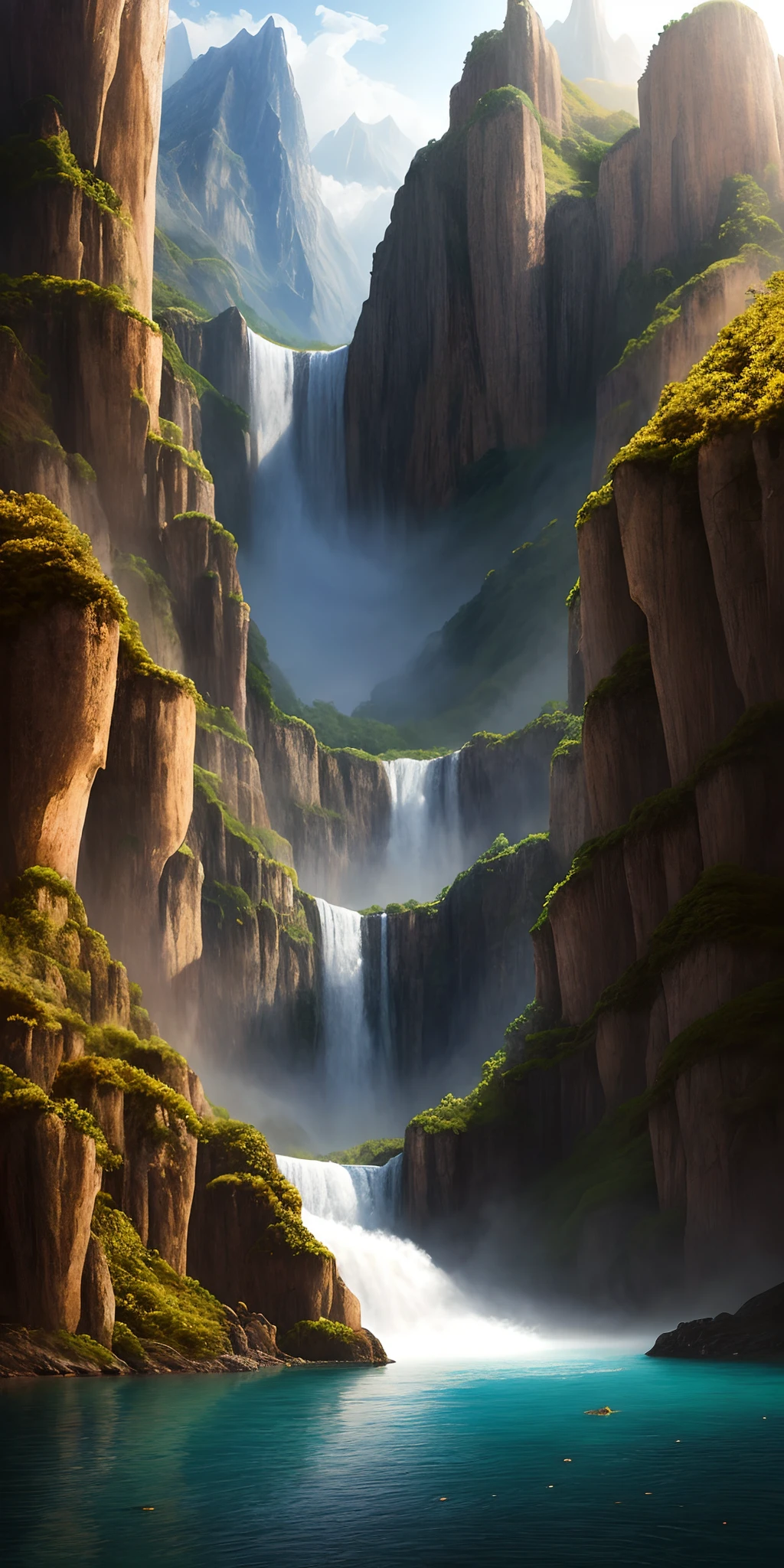 painting of a waterfall in a mountainous area with a house on the top, vertical wallpaper, 4 k vertical wallpaper, 4k vertical wallpaper, 8 k vertical wallpaper, 8k vertical wallpaper, ross tran. scenic background, beautiful mattepainting, 4 k matte painting, detailed scenery —width 672, beautiful iphone wallpaper, avatar landscape, inspired by Raphael Lacoste