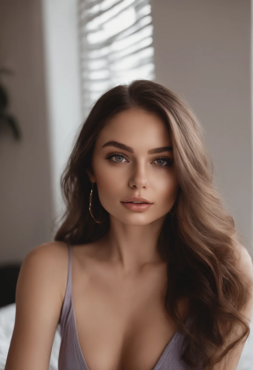 arafed woman with leggins and tank top, very large breats, sexy girl with brown eyes, portrait sophie mudd, brown hair and large eyes, selfie of a young woman, bedroom eyes, red myers, without makeup, natural makeup, looking directly at the camera, face with artgram, subtle makeup, stunning full body shot, in a restaurant, cleavage