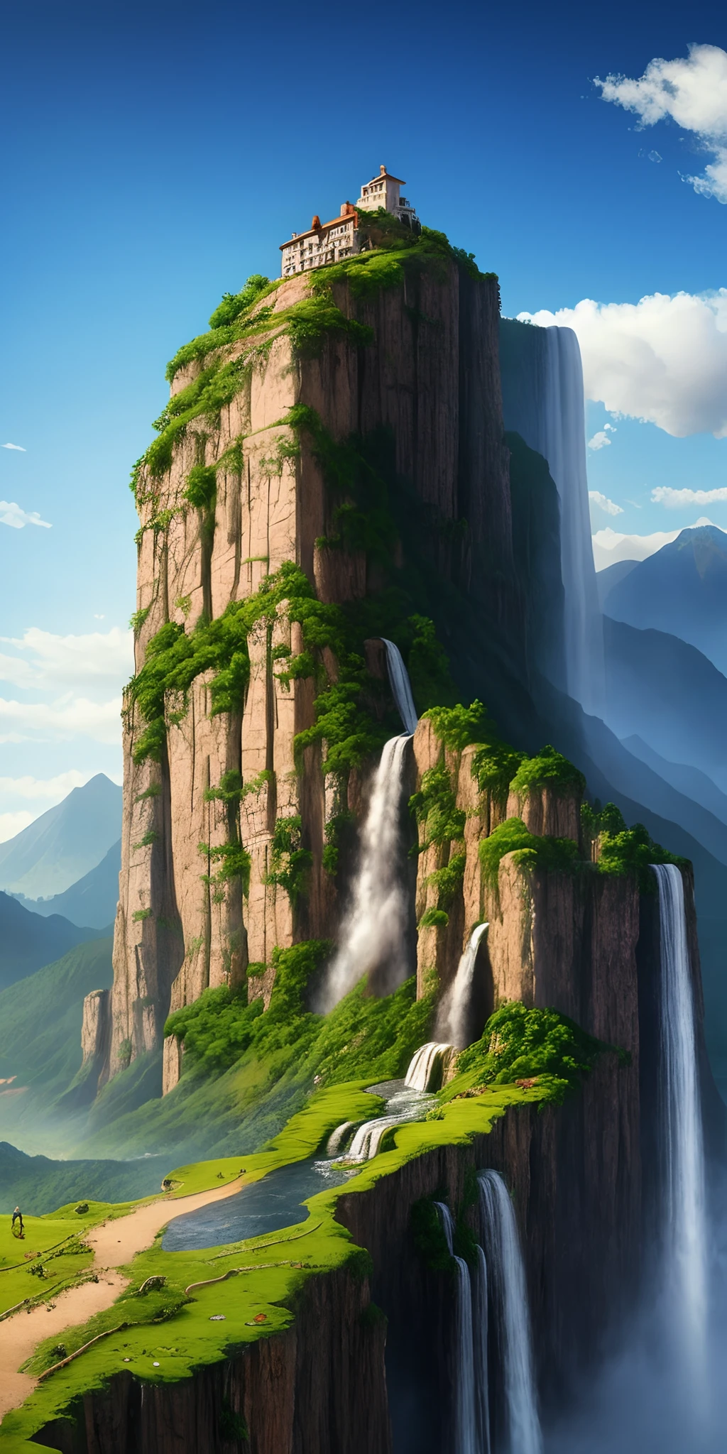 painting of a waterfall in a mountainous area with a house on the top, vertical wallpaper, 4 k vertical wallpaper, 4k vertical wallpaper, 8 k vertical wallpaper, 8k vertical wallpaper, ross tran. scenic background, beautiful mattepainting, 4 k matte painting, detailed scenery —width 672, beautiful iphone wallpaper, avatar landscape, inspired by Raphael Lacoste