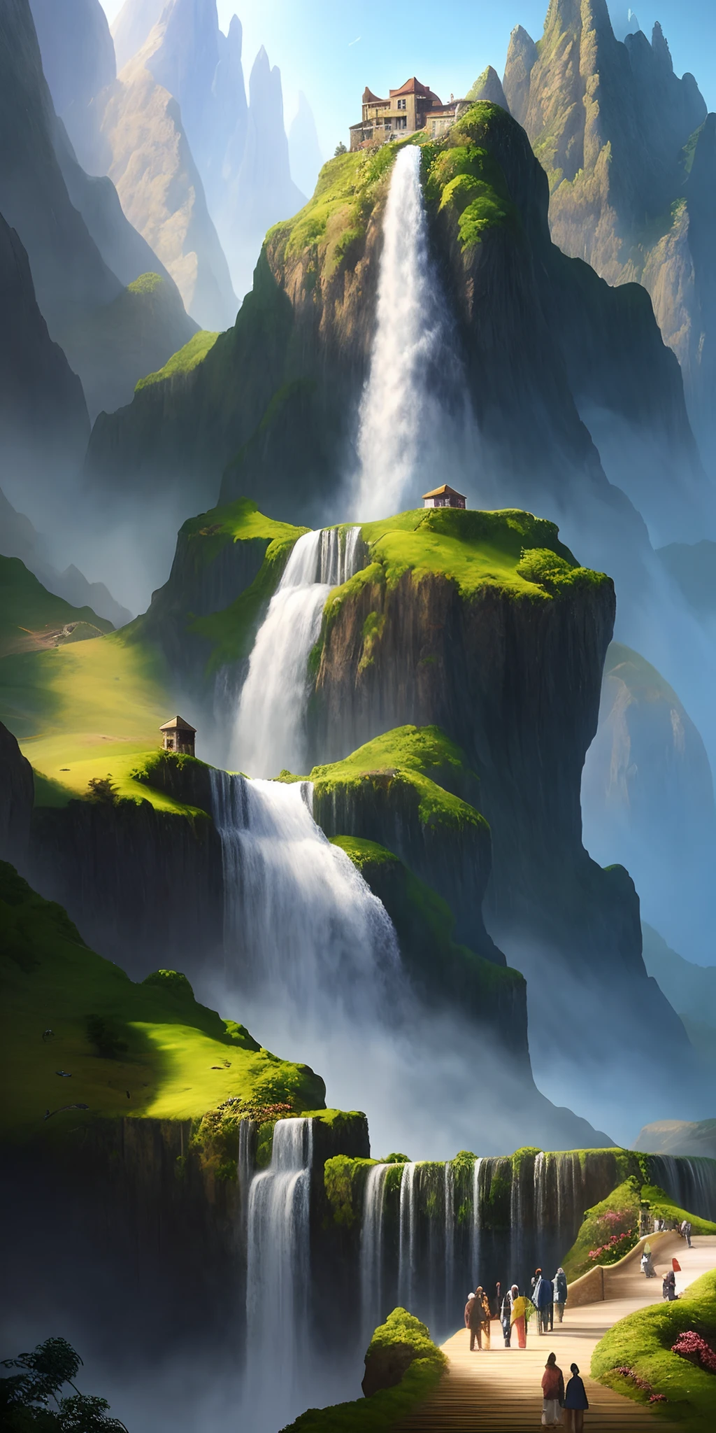 painting of a waterfall in a mountainous area with a house on the top, vertical wallpaper, 4 k vertical wallpaper, 4k vertical wallpaper, 8 k vertical wallpaper, 8k vertical wallpaper, ross tran. scenic background, beautiful mattepainting, 4 k matte painting, detailed scenery —width 672, beautiful iphone wallpaper, avatar landscape, inspired by Raphael Lacoste