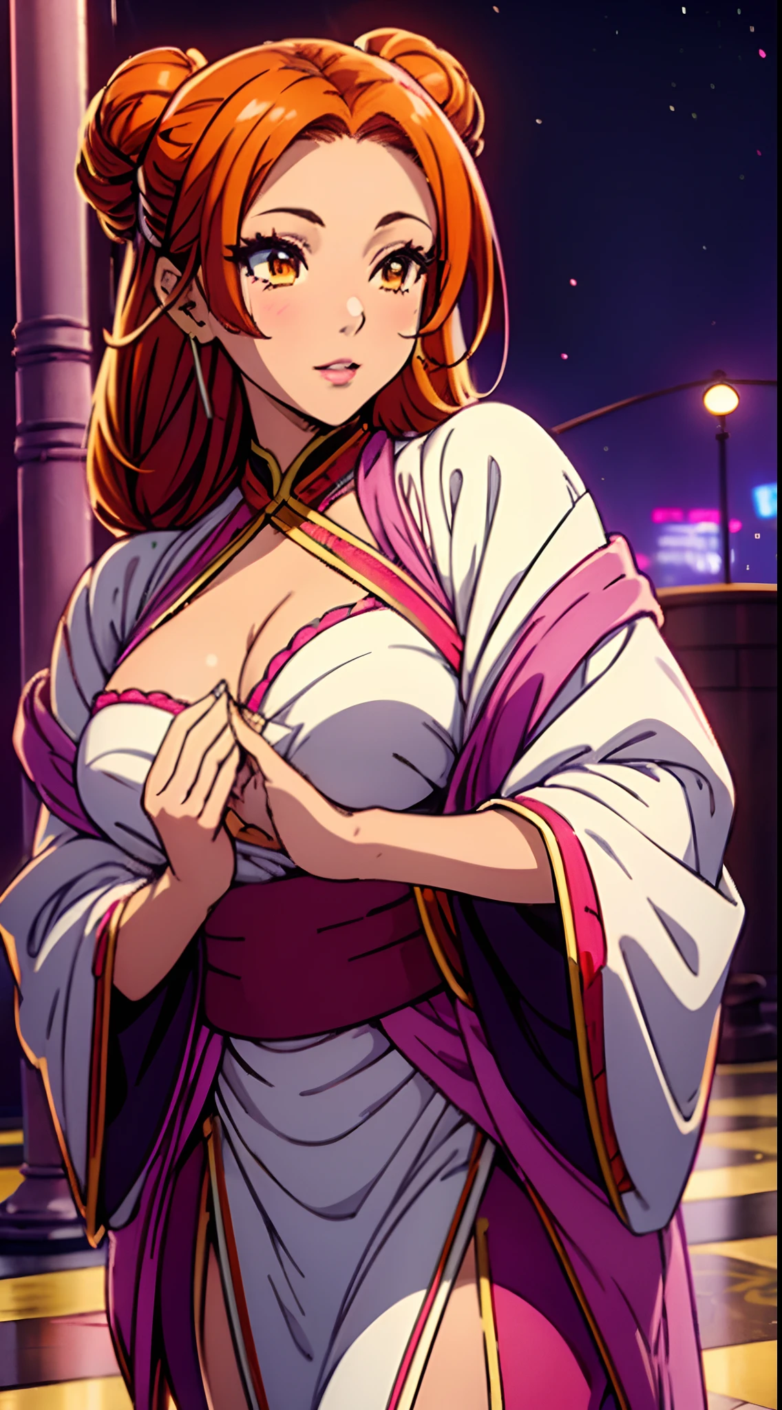 (sfw), (top quality), (masterpiece) 1girl, beautiful face, orange hair, long hair, brown eyes, glowing eyes, parted lips, pink lips, blush, night, night light, night city, Shangai blur background, white kimono, (medium size breast 1.2), dynamicposes, chun-li