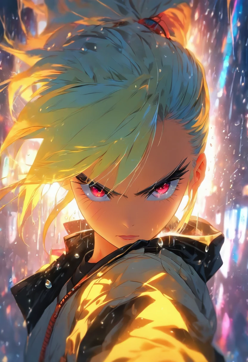 Girl, White blue hair, pony tail, yellow eyes, red pupils, cool face,black jacket, rain background