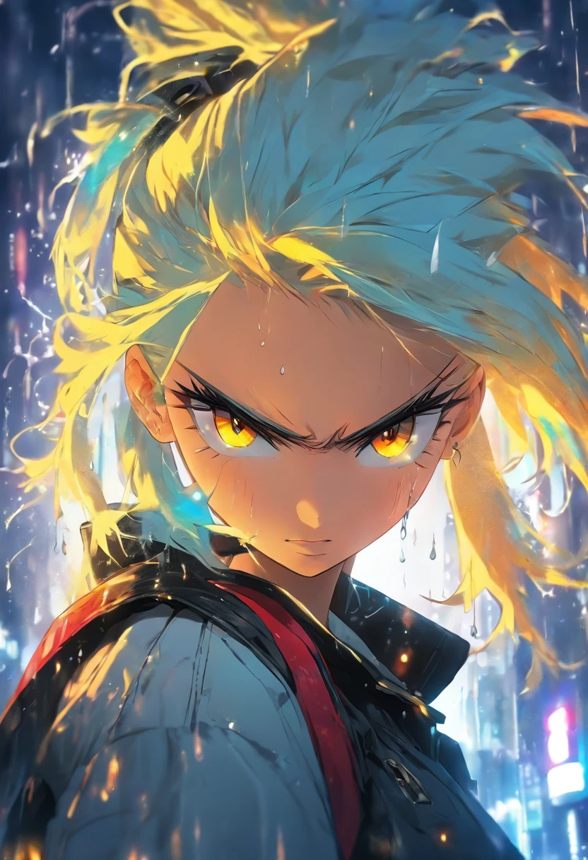 Girl, White blue hair, pony tail, yellow eyes, red pupils, cool face,black jacket, rain background