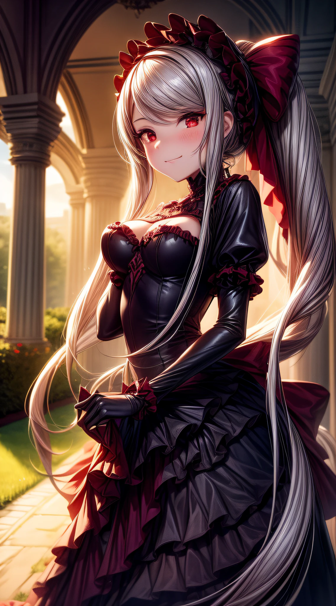 1girl, 3four, blood, bow, breasts, dress, frilled_dress, frills, gothic_lolita, grey_hair, hair_bow, hair_over_one_eye, lolita_fashion, long_dress, long_hair, medium_breasts, overlord_(maruyama), pale_skin, red_eyes, shalltear_bloodfallen, solo, striped, vampire, vertical_stripes, The castle garden unfolds like a paradise, set in the enchanting light of a summer evening. Flowers bloom in every conceivable color and shape, creating magnificent floral beds and alleys. Roses, lilies, tulips, and azaleas vie for attention with their rich colors and beautiful scents. Plants bow under the weight of their blooms, forming a undulating mosaic of colors and shapes.

The garden is illuminated by soft, warm light from the setting sun. Sunbeams filter through the trees and flowers, creating golden reflections on everything they touch. Shadows stretch across the lawns, adding a fairytale-like quality to every corner of this garden.

In the midst of this charming garden stands a girl. Her dress is light and airy, harmonizing with the atmosphere of this place. She has a veil that gently flutters in the wind, and in her hand, she holds a bouquet of flowers she picked herself from this garden full of beauty.

In the background, you can see the castle, its architecture elegant and period-appropriate. The castle creates a striking contrast to the natural beauty of the garden and serves as a backdrop for this enchanting moment.

The entire scene is like a snapshot from a fairytale, where the beauty of nature blends with the beauty of a girl and a historical castle. It's a place where time seems to slow down, and where you can briefly escape to a world filled with beauty and tranquility.