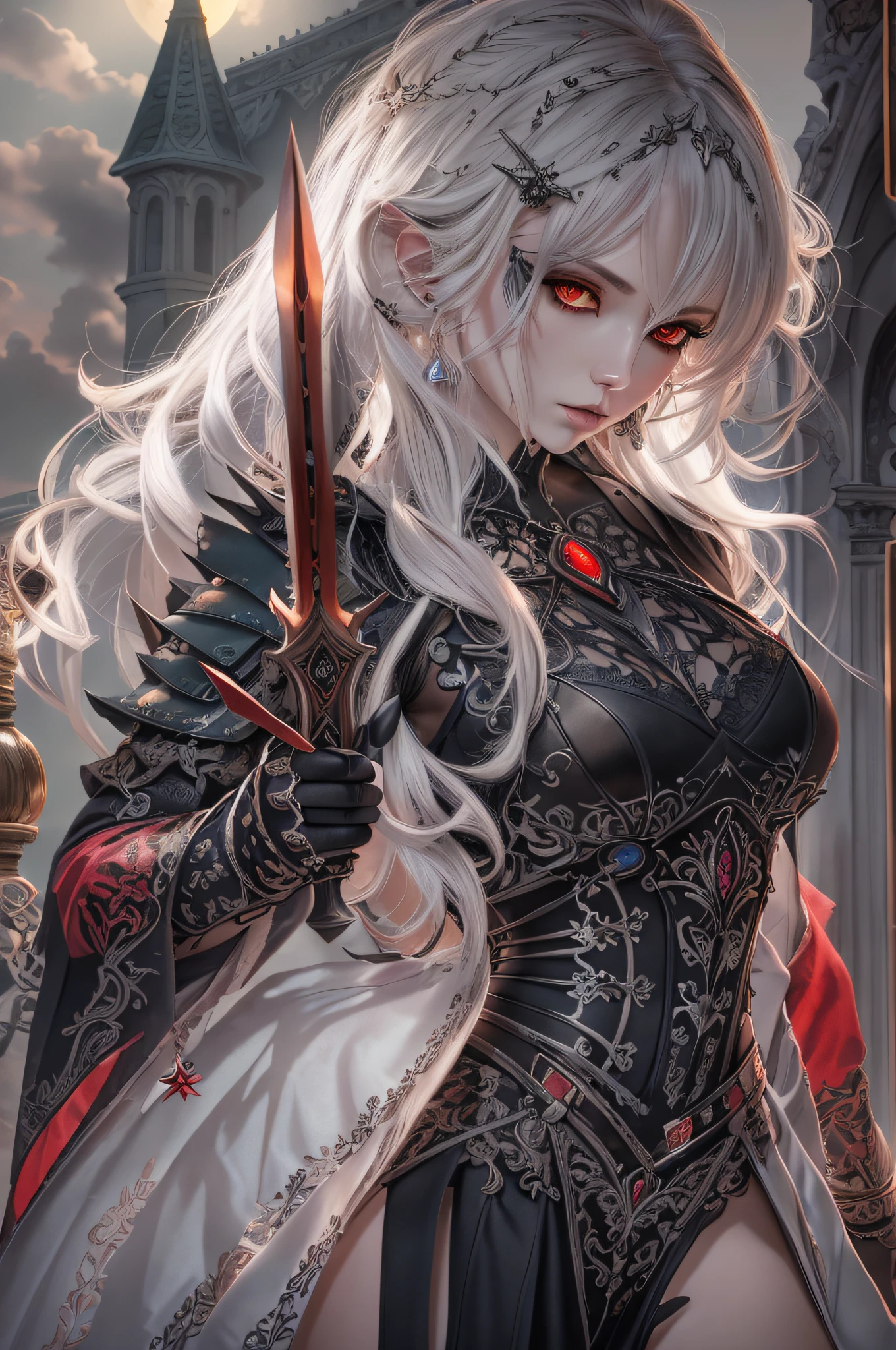 Arafed, dark fantasy art, gothic art, a picture of a vampire ready for battle, female vampire, armed with a sword, wearing heavy armor LnF, armed with a sword, shining sword, steel shines, full body, ultra detailed face (intricate detailed, Masterpiece, best quality: 1.4), pale skin, gloeing eyes, red eyes, ultra feminine, pale skin, dynamic hair, dark fantasy urban street (intricate detailed, Masterpiece, best quality: 1.4), moon light, star light, clouds, Wide-Angle, Ultra-Wide Angle, high details, best quality, highres, 1080P, 8k, anatomically correct