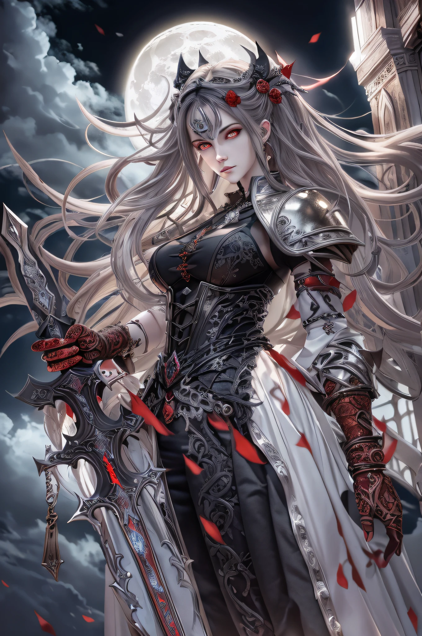 Arafed, dark fantasy art, gothic art, a picture of a vampire ready for battle, female vampire, armed with a sword, wearing heavy armor LnF, armed with a sword, shining sword, steel shines, full body, ultra detailed face (intricate detailed, Masterpiece, best quality: 1.4), pale skin, gloeing eyes, red eyes, ultra feminine, pale skin, dynamic hair, dark fantasy urban street (intricate detailed, Masterpiece, best quality: 1.4), moon light, star light, clouds, Wide-Angle, Ultra-Wide Angle, high details, best quality, highres, 1080P, 8k, anatomically correct