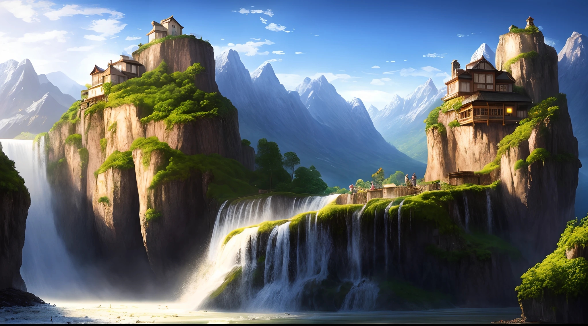 painting of a waterfall in a mountainous area with a house on the top, vertical wallpaper, 4 k vertical wallpaper, 4k vertical wallpaper, 8 k vertical wallpaper, 8k vertical wallpaper, ross tran. scenic background, beautiful mattepainting, 4 k matte painting, detailed scenery —width 672, beautiful iphone wallpaper, avatar landscape, inspired by Raphael Lacoste