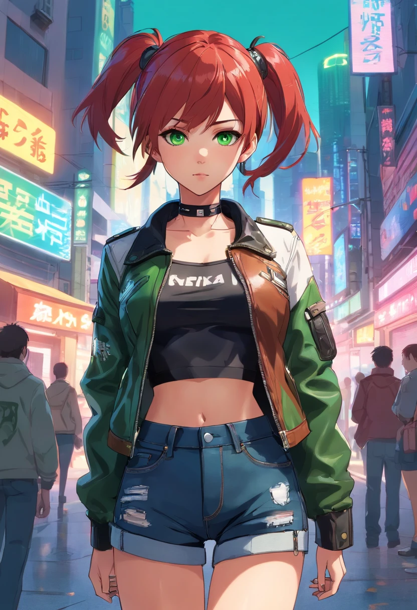 Female asian Irina Shidou red hair twintails green eyes wearing a leather jacket and crop top and denim shorts and earrings and choker in a cyberpunk city, portrait, masterpiece, high definition, high resolution
