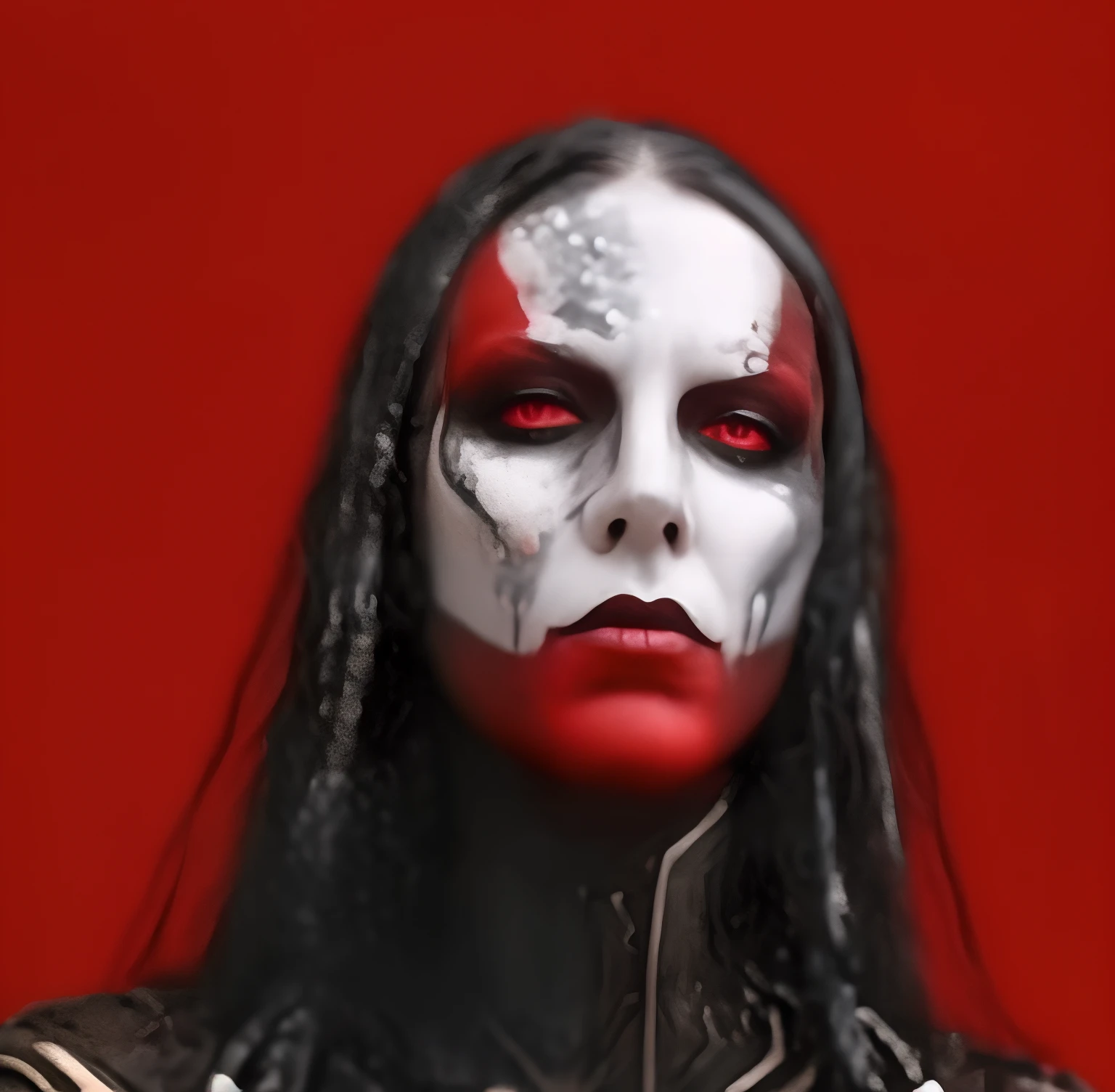 a man with a white face and red makeup is posing, johnny silverhand, avatar image, corpsepaint, hyper - goth, gothic face, lolth, with black metal face paint, neo goth, black metal face paint, darksynth character portrait, warrior face painting red, symmetrical portrait rpg avatar, alice cooper as marilyn mansion, a close up of a person with a creepy face and makeup, with black metal face paint, black metal face paint, black metal aesthetics, gothic face, johnny silverhand, black metal style, cyberpunk black metal band, from witcher (2021), cyberpunk makeup, stefan gesell, billie eilish as loki, heilung, corpsepaint, scary look
