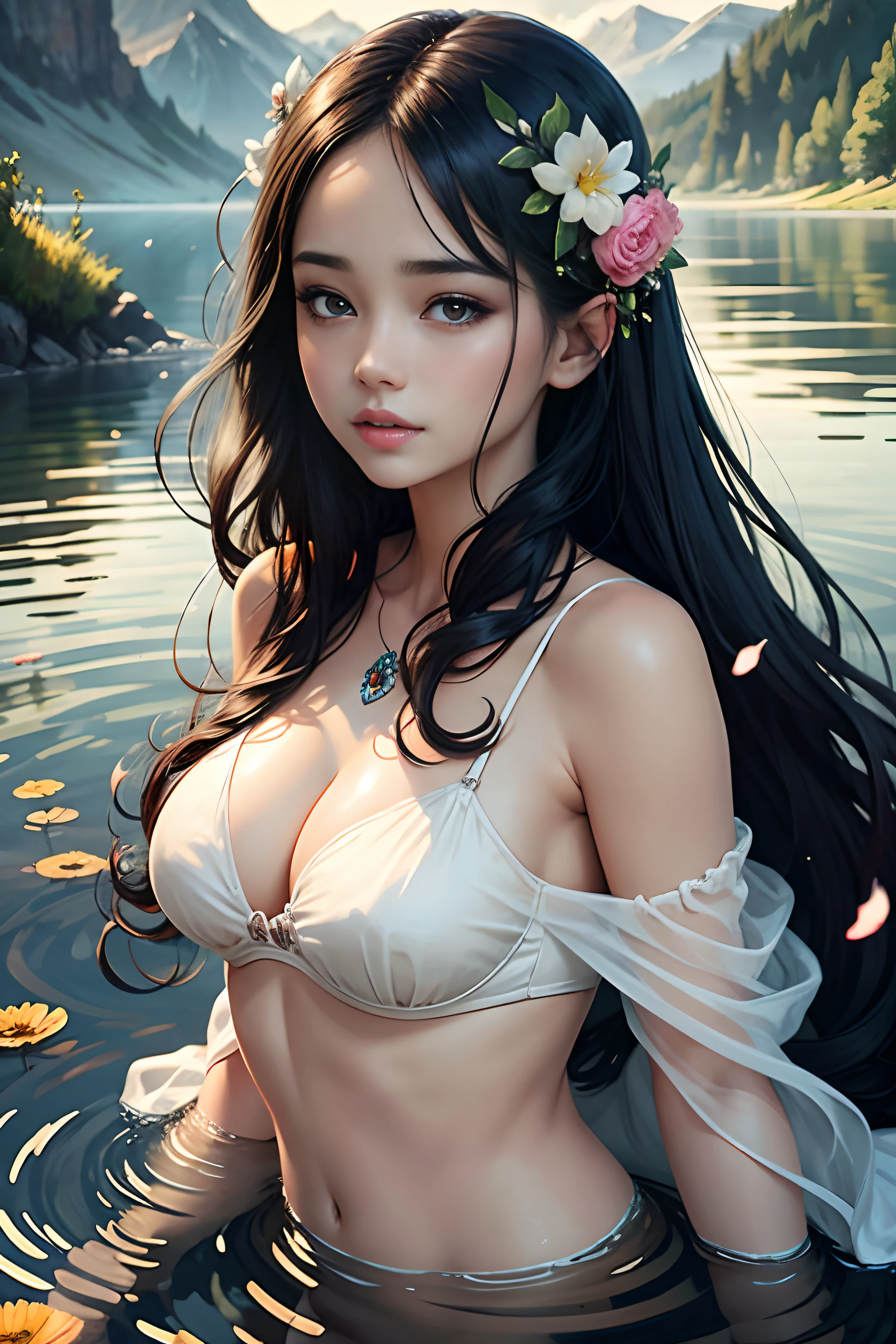 beauty with dark hair and flowers floating in water, hazel eyes, big eyes, translucent white saree, translucent bra, beautiful beauty, beautiful digital illustration, beautiful artwork illustration, beautiful digital artwork, beautiful gorgeous digital art, beautiful digital art, korean female with environment elements, gorgeous digital art, very beautiful digital art, close up fantasy with environment magic, beautiful fantasy art, beautiful digital painting, beautiful digital illustration, gorgeous digital painting, falling petals, open hair, wind, fireflies, (bathing in the lake: 1.4) boat, swan, full wet body, wet clothes, mountains, clouds, sky, sunlight, sunrays, hyper details, ultra realistic portrait