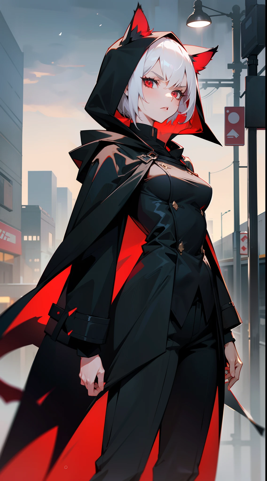 1girl,20s,tall,mature female,serious face,black overcoat,(hooded),black pants,medium tits,white hair,short hair,red eyes,cat ears,standing in a street in night suburbs,night,cowboy shot