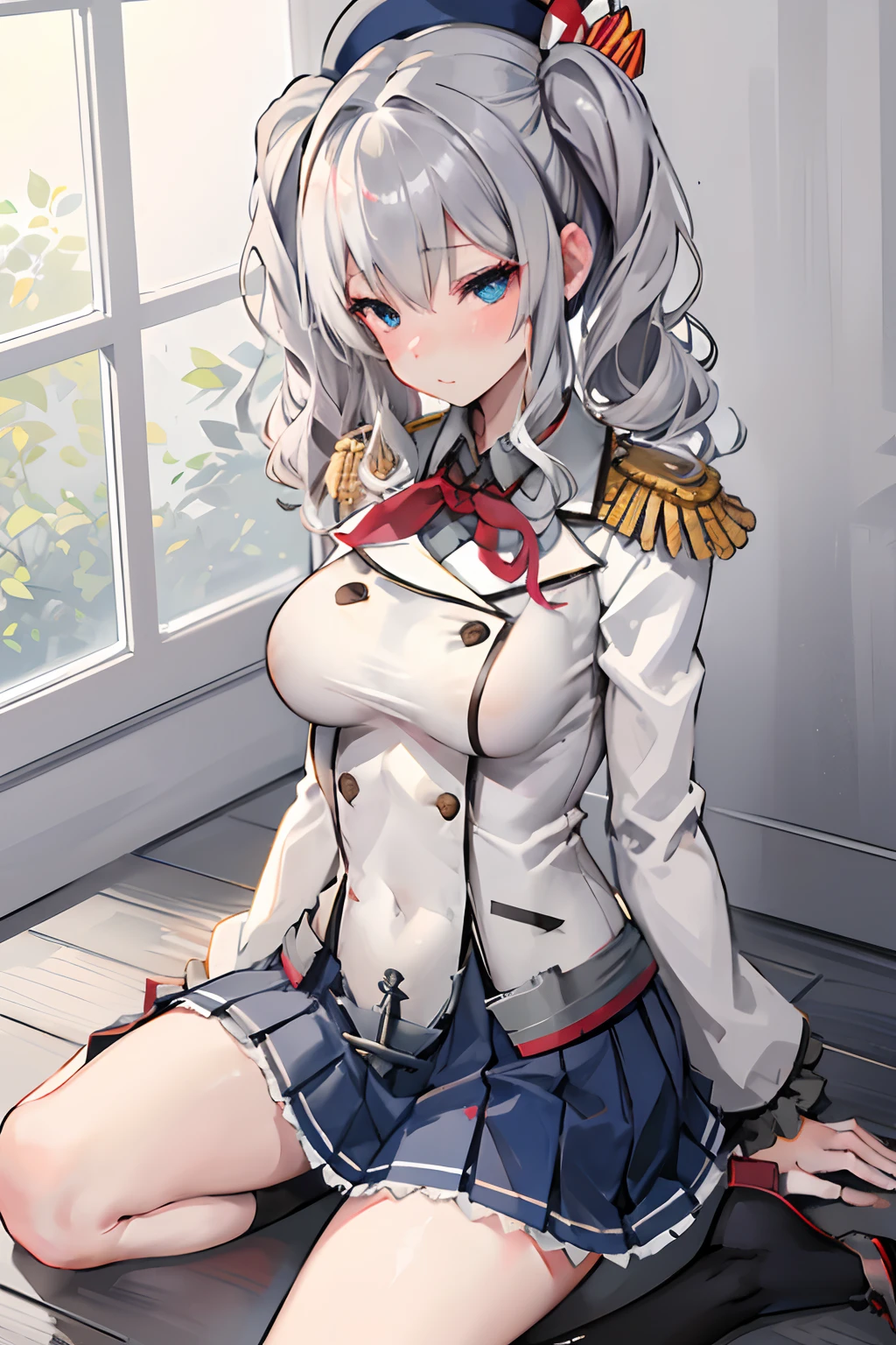 nsfw,Bare breasts,1girl in, 独奏, ​masterpiece, top-quality, red blush, Indoors, Stretch your legs, window, sit on desk,, Kashima OG, kashima\(kancolle\), white  hair, blue eyess, hair wavy, Twin-tailed, tsurime eyes, beret, epaulette, frilly sleeves, jaket,, long-sleeve, Military, Military, Military, a miniskirt, pleatedskirt, red neckerchief, tsurime, white glove, anchor