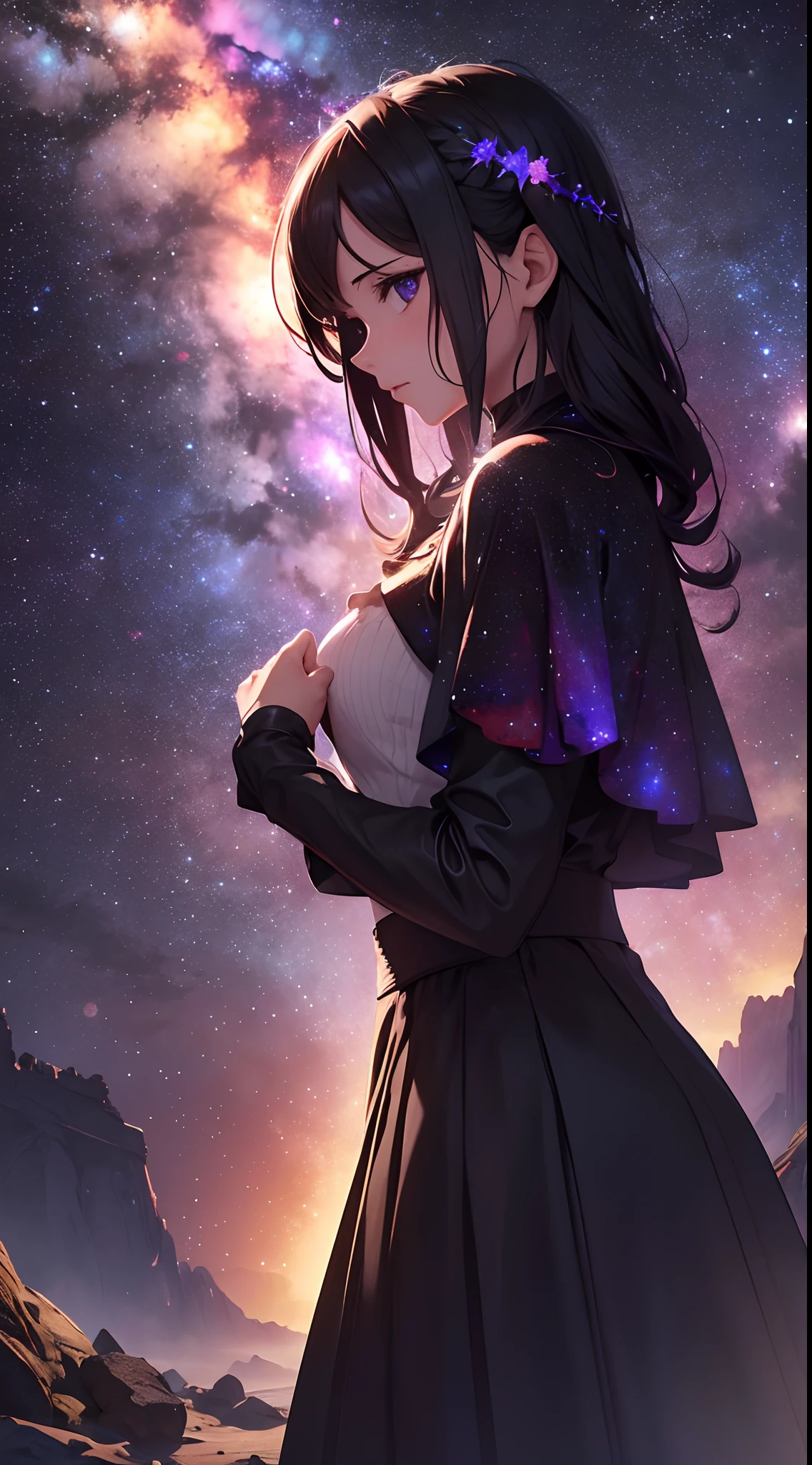 {{obra maestra}}, mejor calidad, fondo de pantalla CG unidad 8k extremadamente detallado, cinematography lighting, destello de lente,detalle, purpura, particulas, stars, galaxy, nebulosas moradas, landscape, hermoso, gamma morados