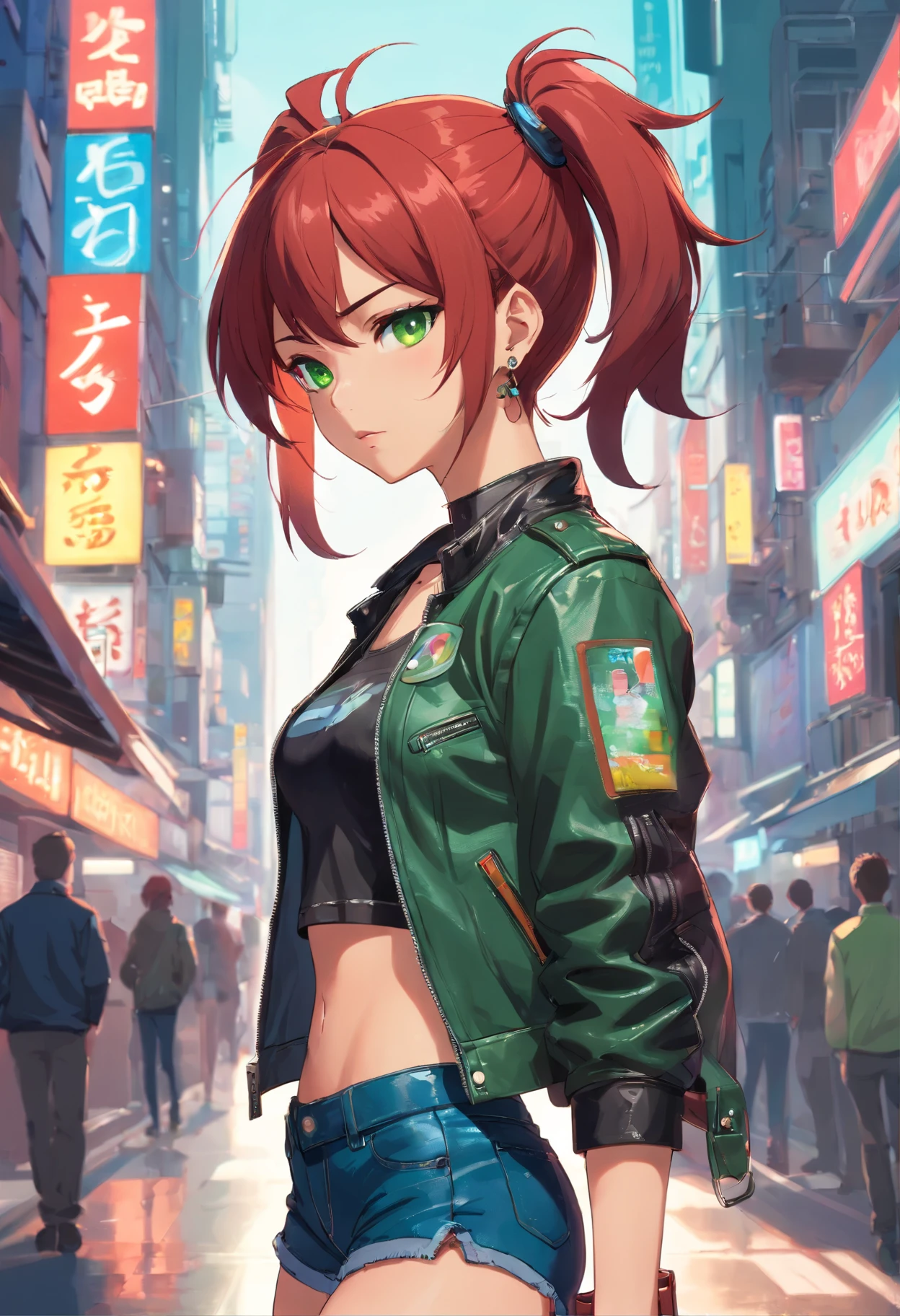Female asian Irina Shidou red hair twintails green eyes wearing a leather jacket and crop top and denim shorts and earrings and choker in a cyberpunk city, portrait, masterpiece, high definition, high resolution