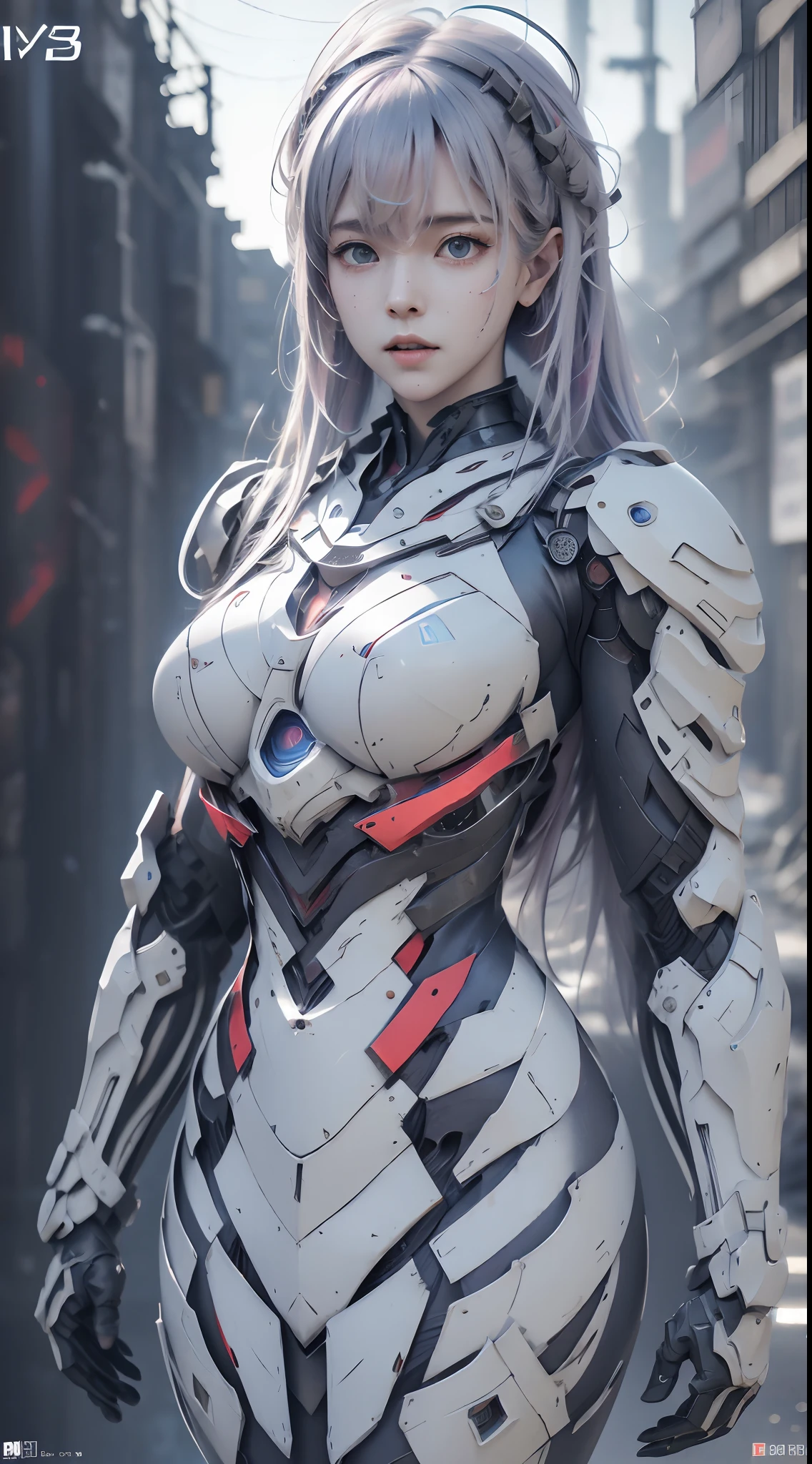 Stable diffusion cues:
lavender hair, Light blue eyes, A woman wearing a red and white mech, Metallic texture, (Best quality,4K,A high resolution,Masterpiece:1.2), Ultra-detailed, Realistic:1.37, sportrait, Vibrant colors, Soft lighting, Ruined city in the background