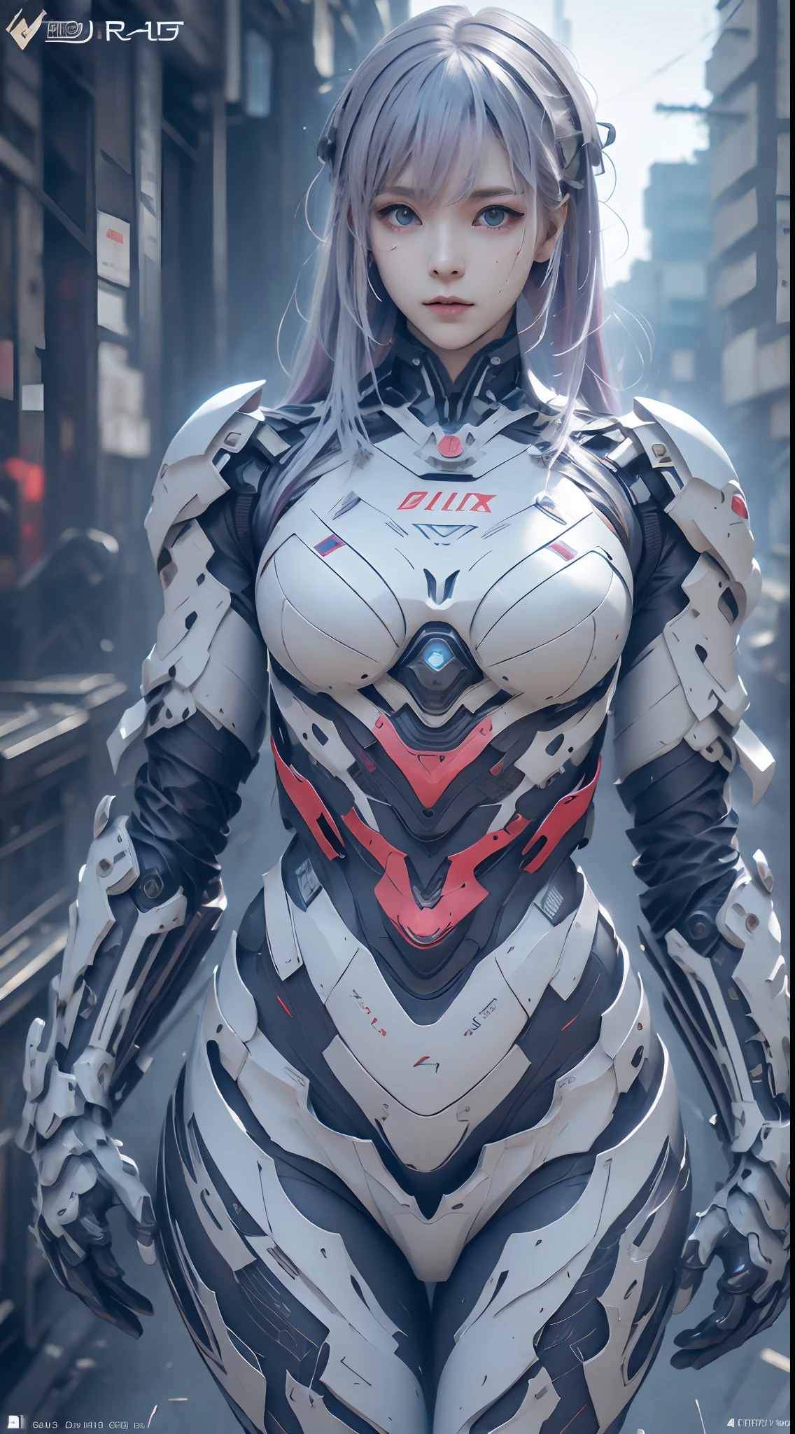 Stable diffusion cues:
lavender hair, Light blue eyes, A woman wearing a red and white mech, Metallic texture, (Best quality,4K,A high resolution,Masterpiece:1.2), Ultra-detailed, Realistic:1.37, sportrait, Vibrant colors, Soft lighting, Ruined city in the background