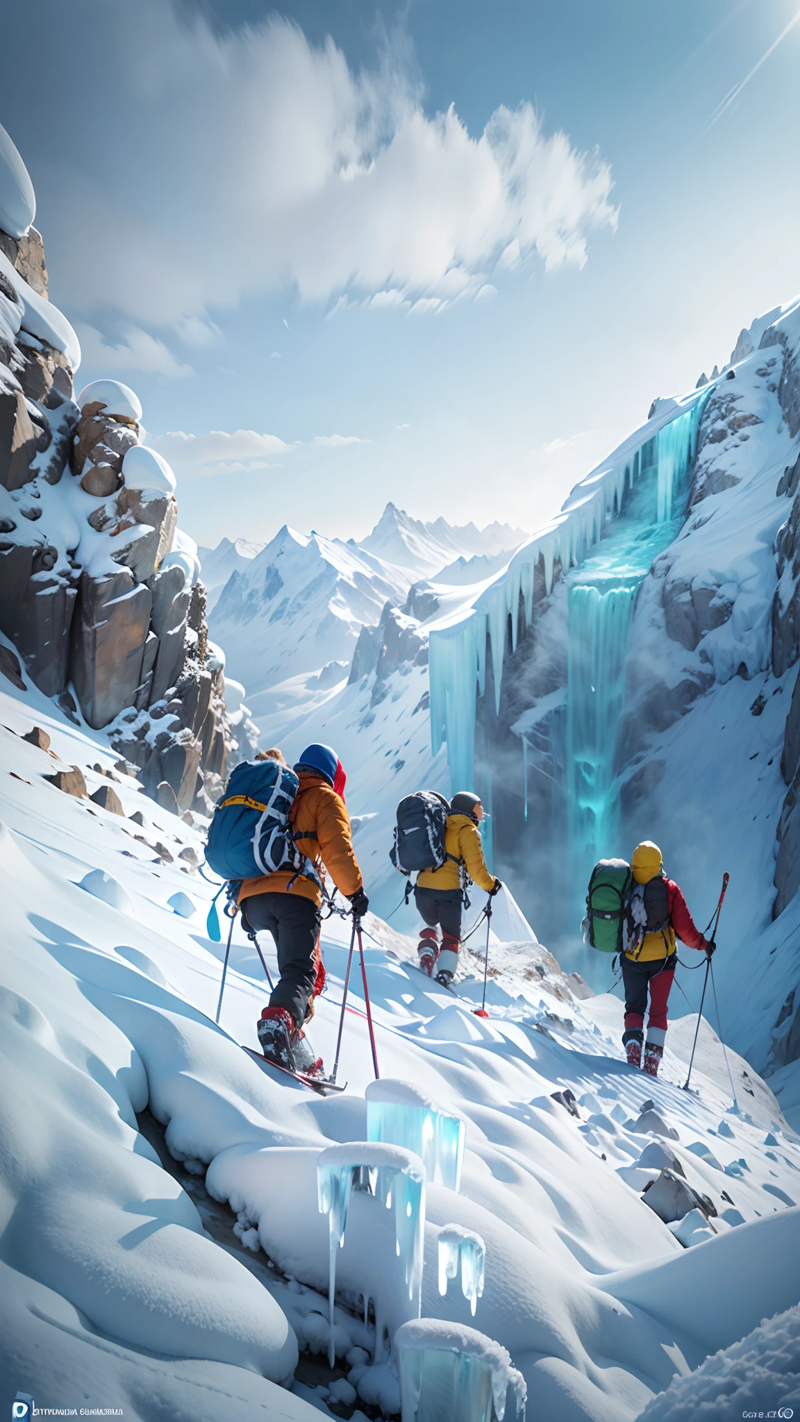 (Best quality,4K,8K,A high resolution,Masterpiece:1.2),Ultra-detailed,Realistic,Photorealistic:1.37,[illustration],Snowy mountain peaks,A group of people climbing snowy peaks,adventure atmosphere,Winter wonderland,Icy breathing,Fresh air,ice formations,icy landscape,Towering snowy peaks,An exhilarating ascent,Sturdy mountaineering equipment,Grip ice axe,snowshoes,Heavy winter clothing,Full of prunes、Determined climbers,A mountain guide leads the group,frozen waterfall,Sparkling icicles,Hints of sunlight breaking through the clouds,Dramatic lighting,Subtle blue color palette,Enjoy the awe-inspiring views from the top of the mountain, A sense of accomplishment,Teamwork and camaraderie,Celebrate cheerfully at the top,Overwhelming sense of accomplishment.