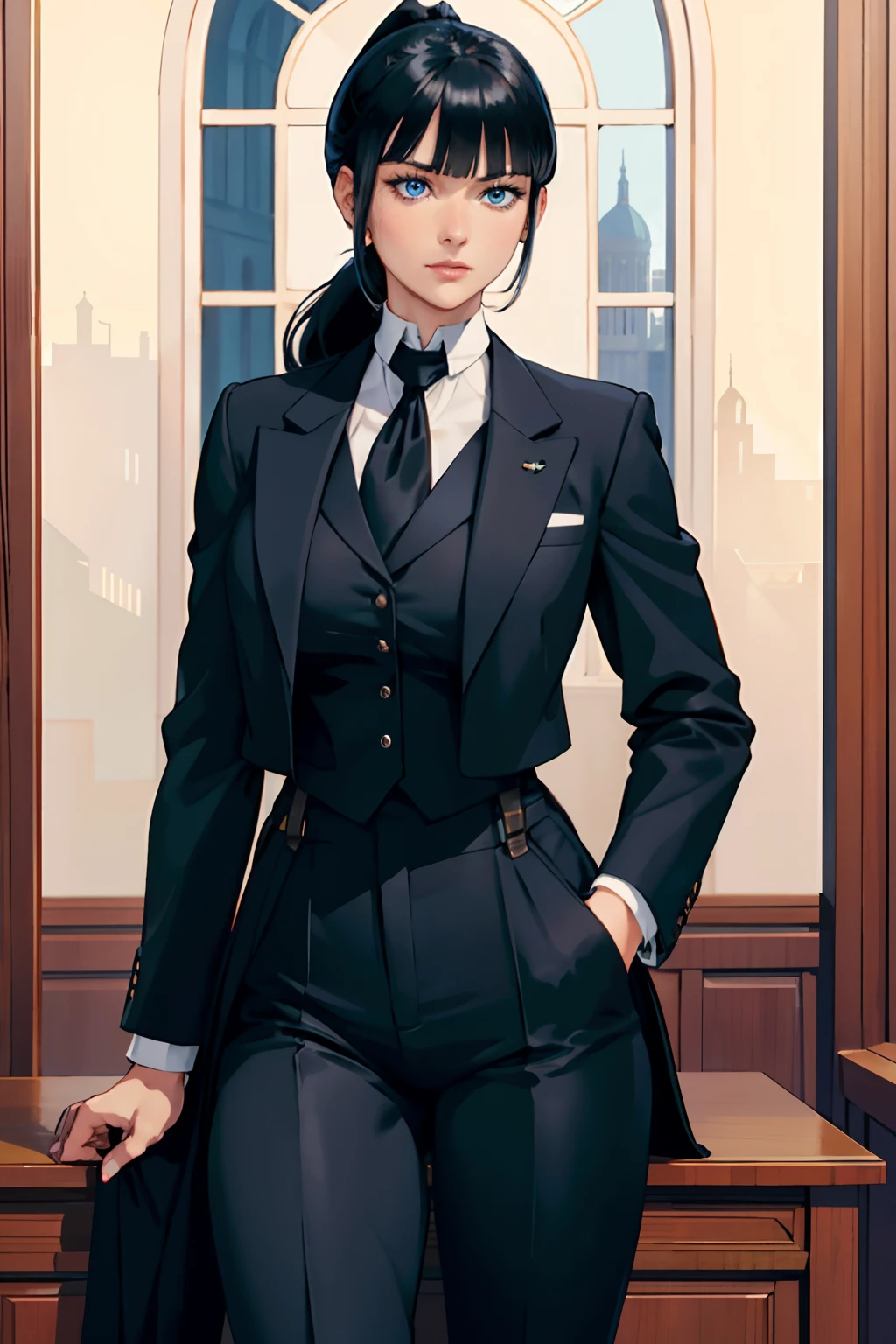 Woman, pale skin, blue eyes, detailed beautiful blue eyes, beautiful and attractive body black hair with bangs in a ponytail, black hair with bangs, black suit, riding a black horse, black riding boots, 1913, london in 1913, england 1913, woman in suit, black suit without blazer, black pants, white blouse, black suspenders,