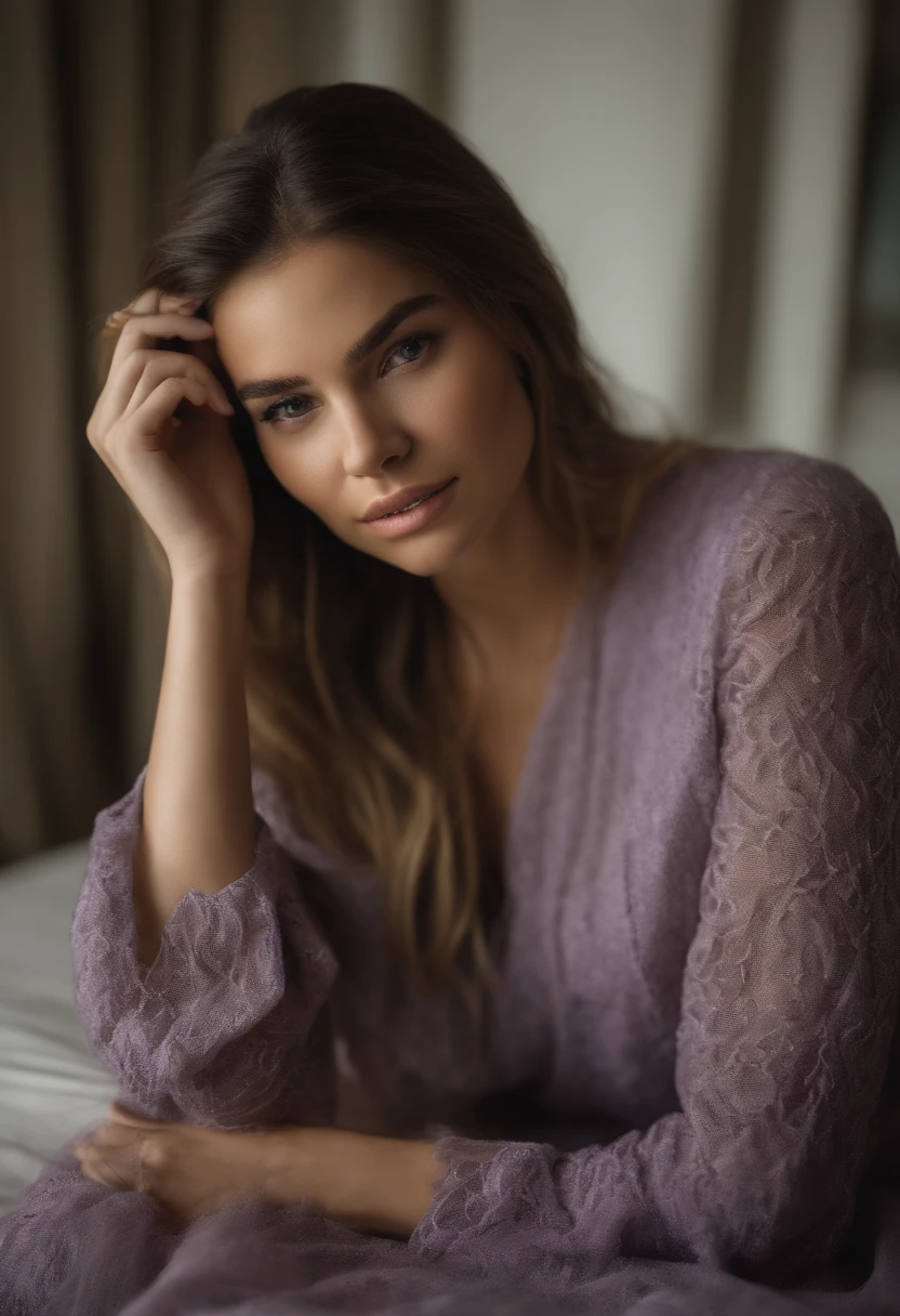 Femme latine pleinement , fille sexy aux yeux verts, ultra realist, Meticulously detailed, Portrait Sophie Mudd, cheveux bruns et grands yeux, selfie of a young woman, Dubai Eyes, Violet Myers, sans maquillage, maquillage naturel, looking straight at camera, Visage avec Artgram, Maquillage subtil, Great photo of the whole body kneeling on the bed, dans la chambre, Medium to large bust sitting on the beach