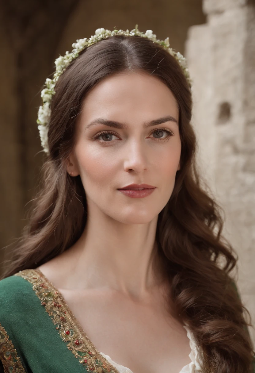 (((Una profunda herida rojiza cruza su mejilla izquierda))) tez clara, Woman around 50 years old, CUERPO ENTERO cabello blanco natural, Ojos verdes distintivos, Uso de Kohl, Delgado y elegante, Beautiful, Luz de velas en un entorno medieval, Ultra Sharp Focus, Toma realista, Ropa femenina medieval, triadic colours (cicatriz:1.4)