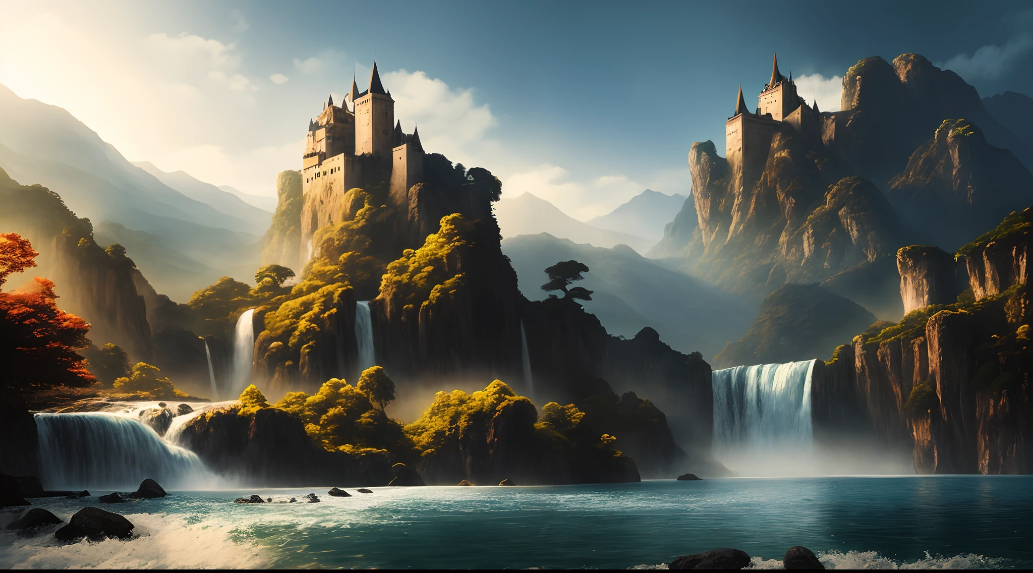 painting of a waterfall in a mountainous area with a castle on the top, ross tran. scenic background, beautiful matte painting, atmospheric and foggy, 4 k matte painting, detailed scenery, beautiful iphone wallpaper, avatar landscape, inspired by Alan Lee